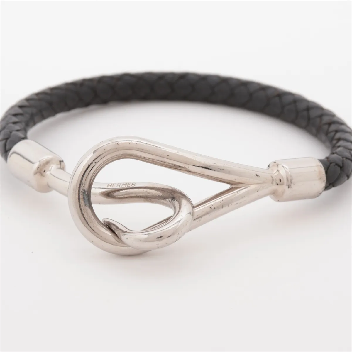 Jumbo Bracelet, Metal x Leather, Silver x Black, — view 3