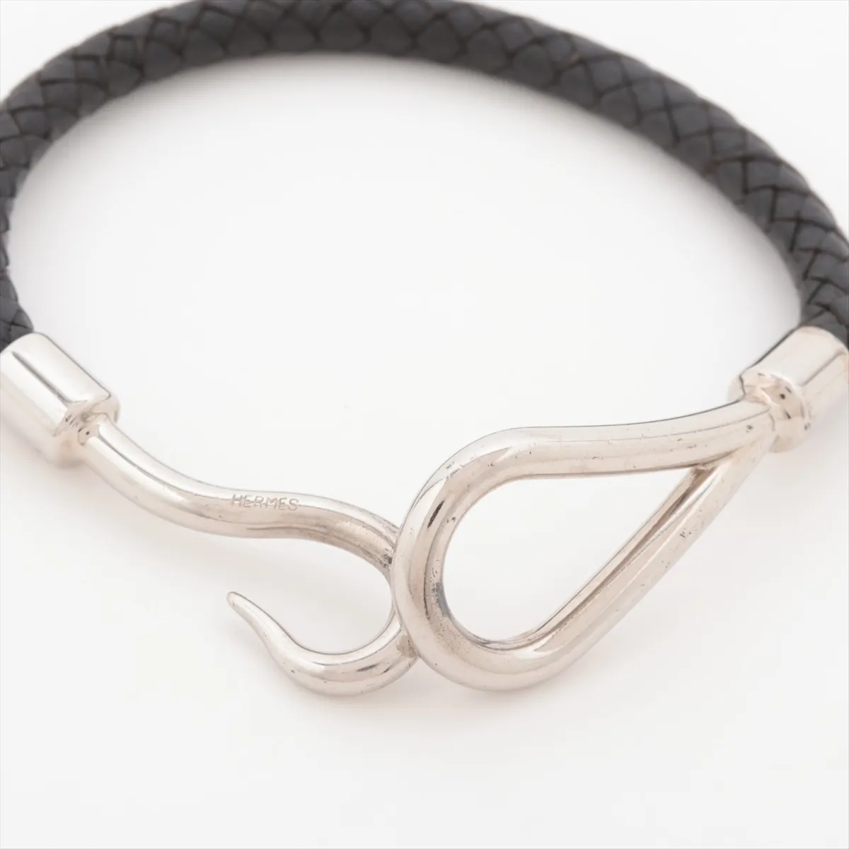 Jumbo Bracelet, Metal x Leather, Silver x Black, — view 5