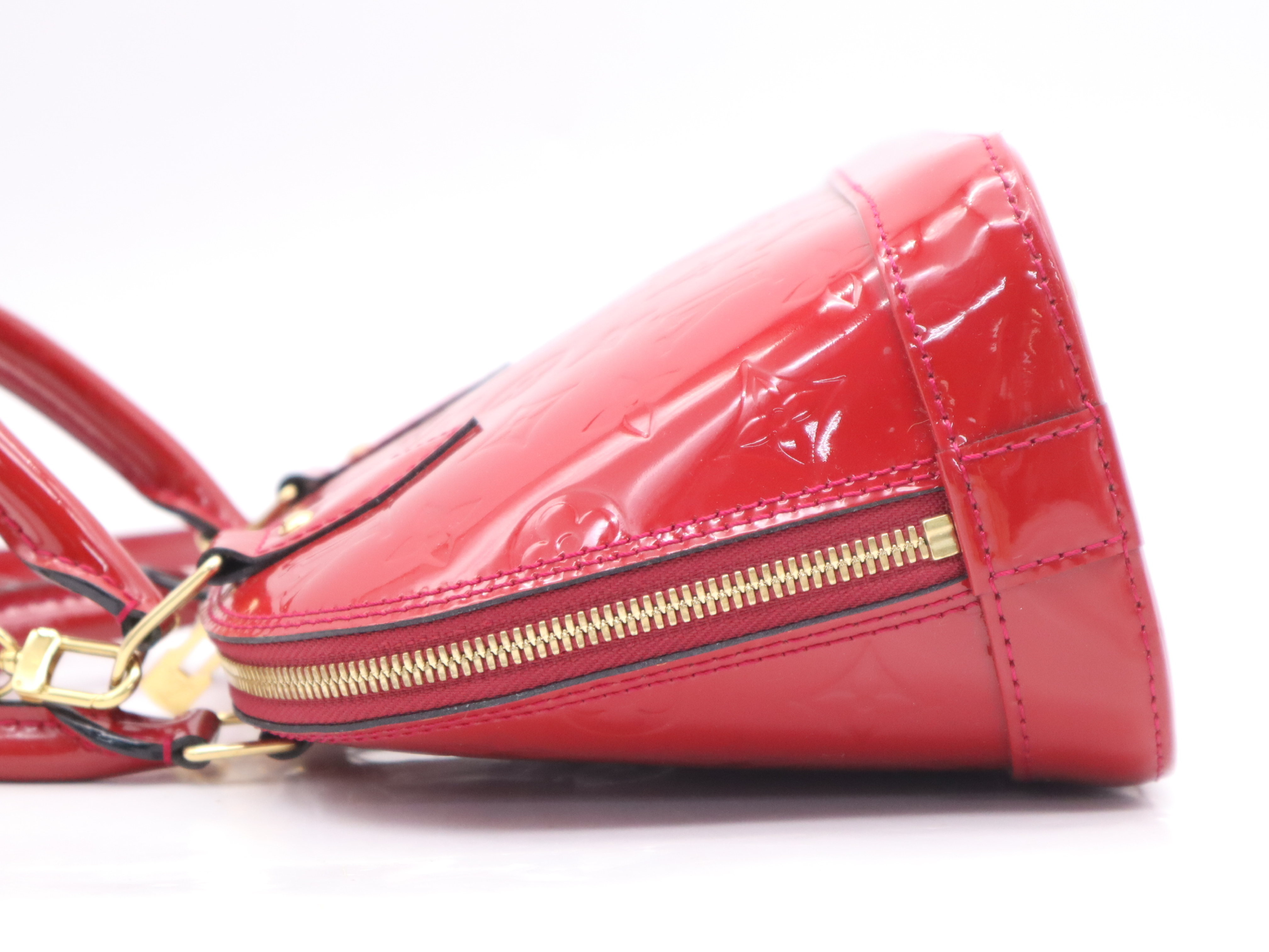M90174 Monogram Vernis Alma BB Cerise Handbag with Shoulder Strap, Padlock, 2 Keys, Clochette, and Dust Bag — view 3