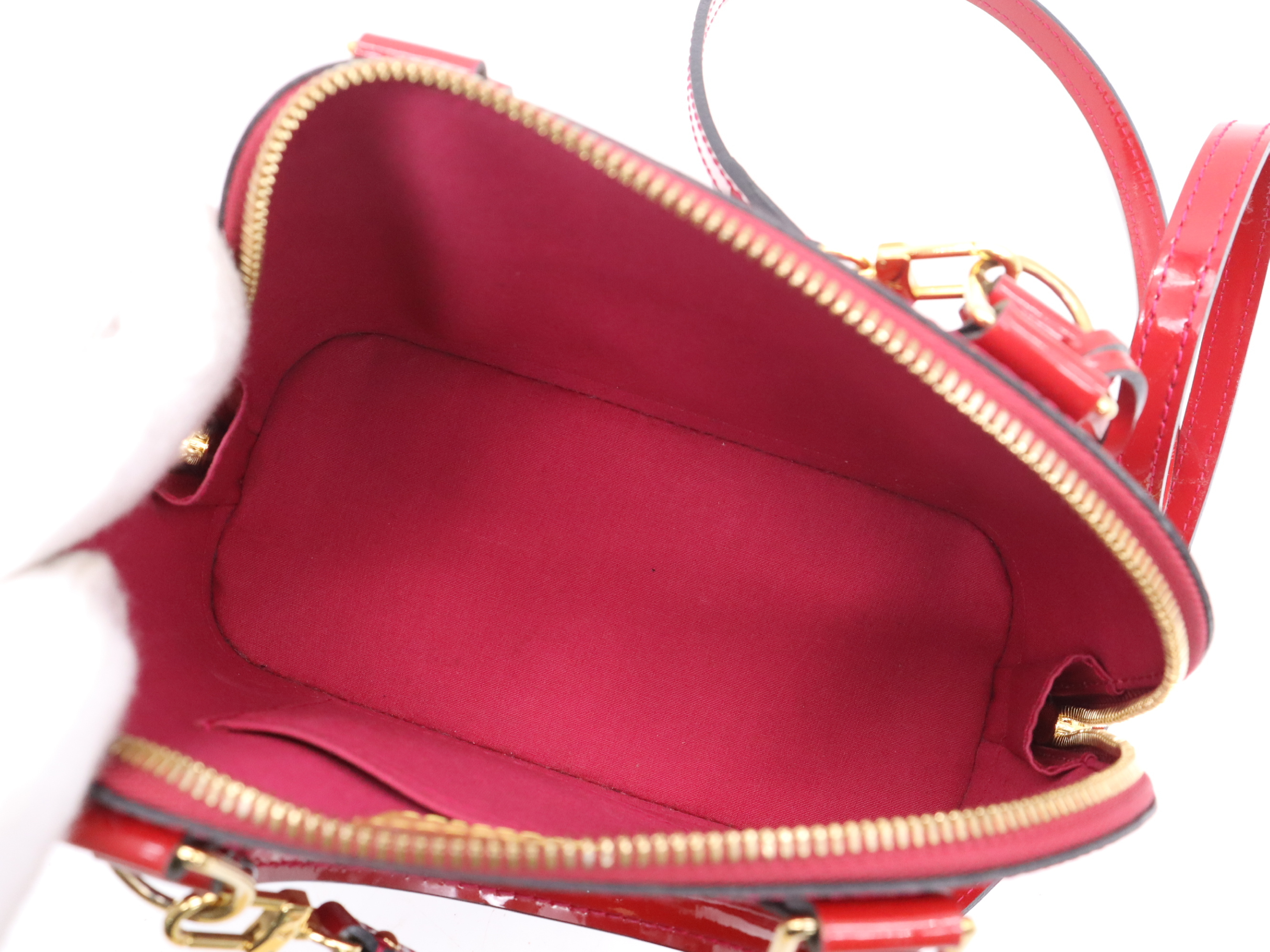 M90174 Monogram Vernis Alma BB Cerise Handbag with Shoulder Strap, Padlock, 2 Keys, Clochette, and Dust Bag — view 10