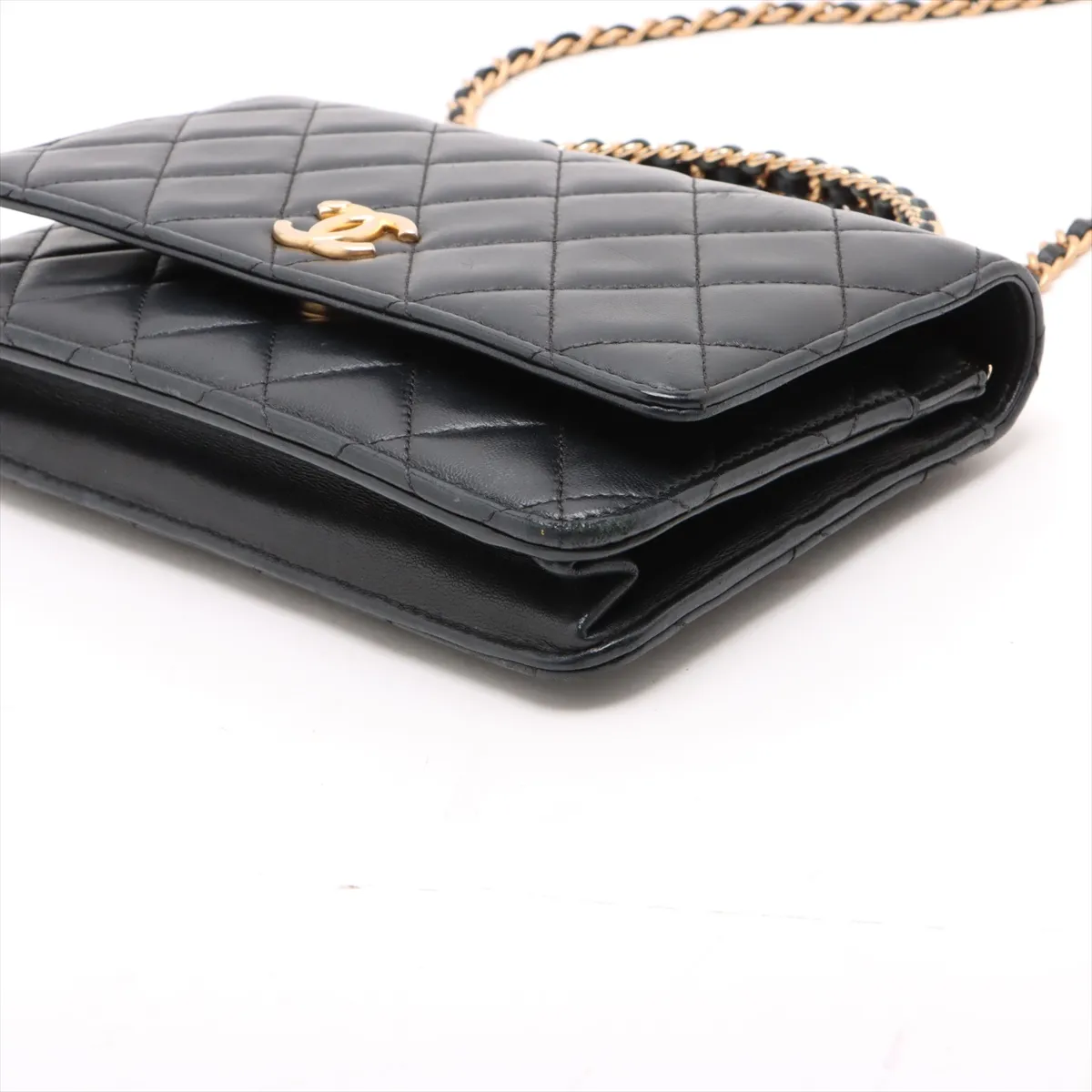 Matelassé Lambskin Chain Wallet, Top Handle, Black, Gold Hardware, J88AHP82, Random Plate — view 3