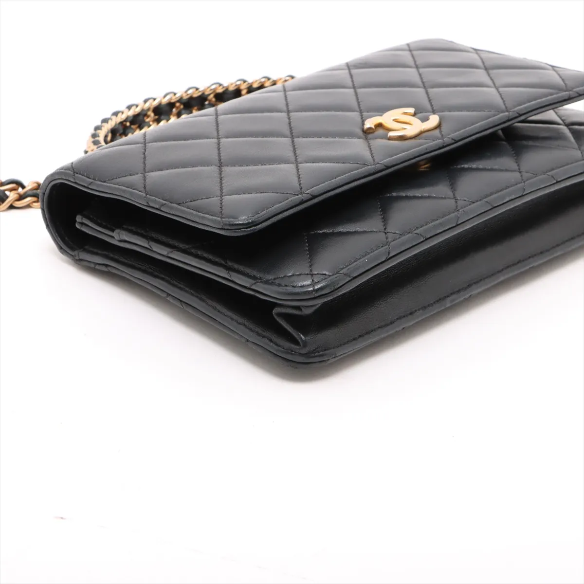 Matelassé Lambskin Chain Wallet, Top Handle, Black, Gold Hardware, J88AHP82, Random Plate — view 4
