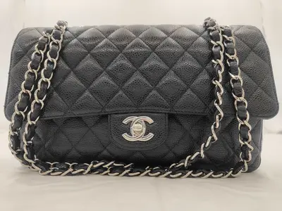 Matelassé 25 Double Flap Caviar Black Chain Shoulder Bag