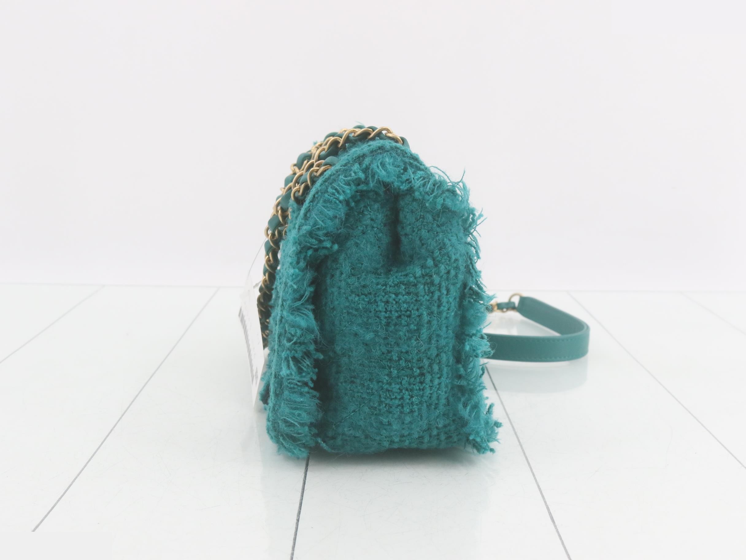 Tweed Logo Chain Shoulder Bag (Green) — view 3