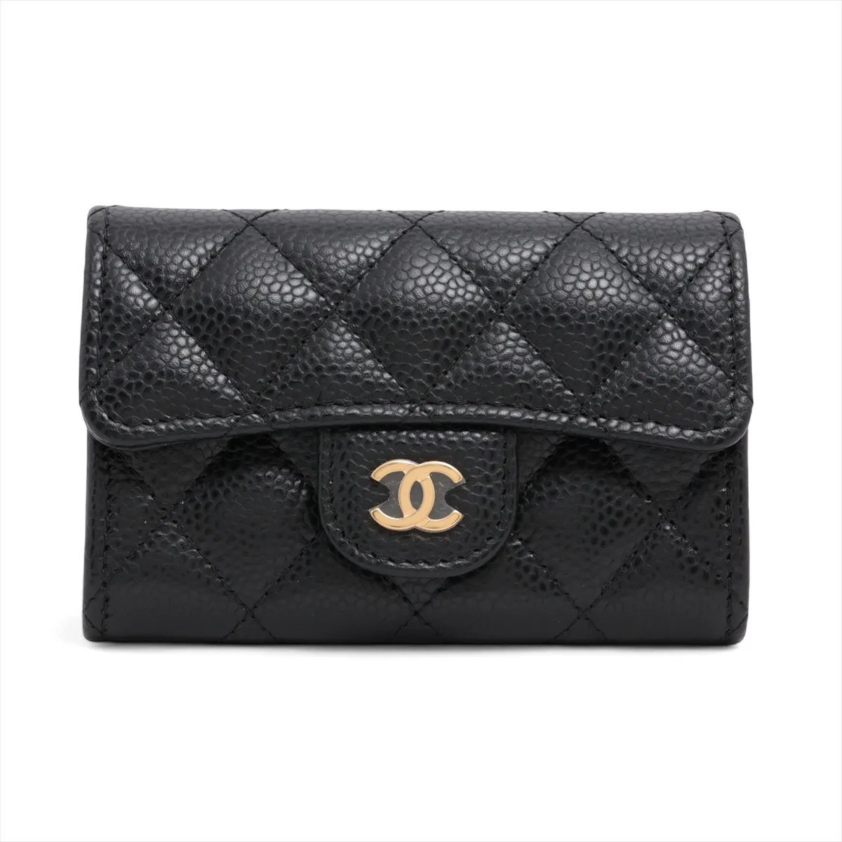 Matelassé Caviar Skin Card Case, Black with Gold Hardware, HC3U79P4