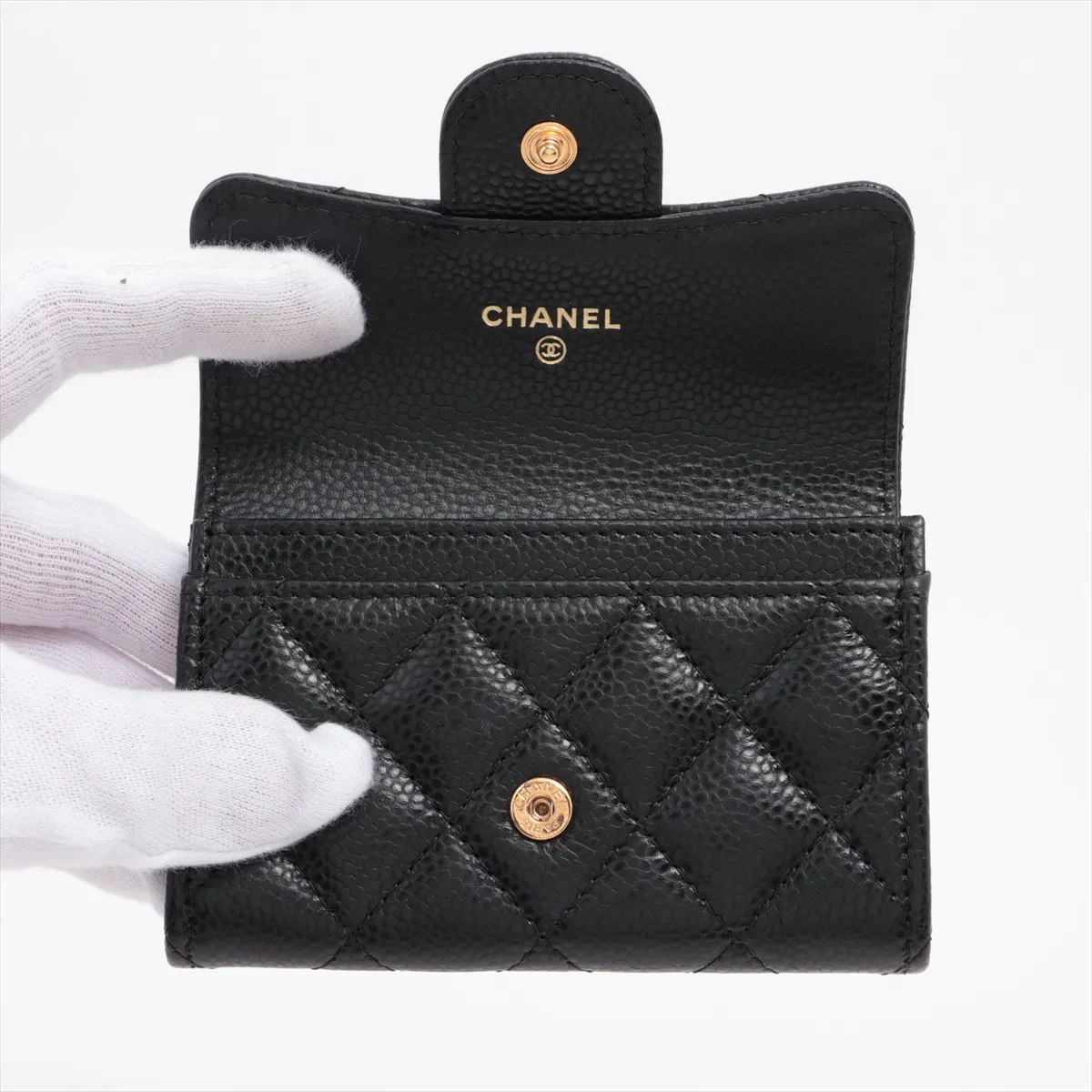 Matelassé Caviar Skin Card Case, Black with Gold Hardware, HC3U79P4 — view 3