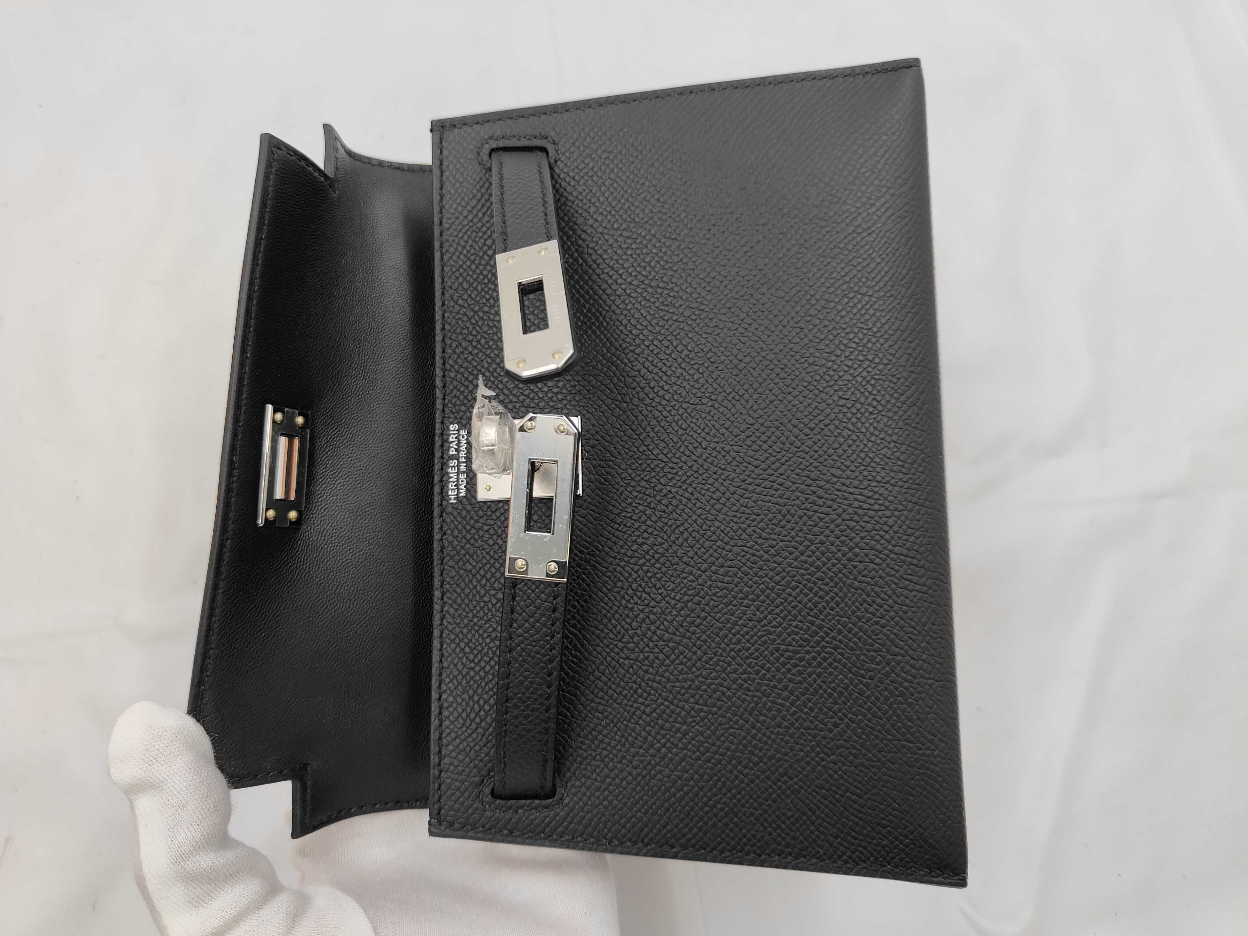 Mini Kelly Deux Epsom Leather, Black, Silver Hardware, Gold Stamp, Handbag — view 8