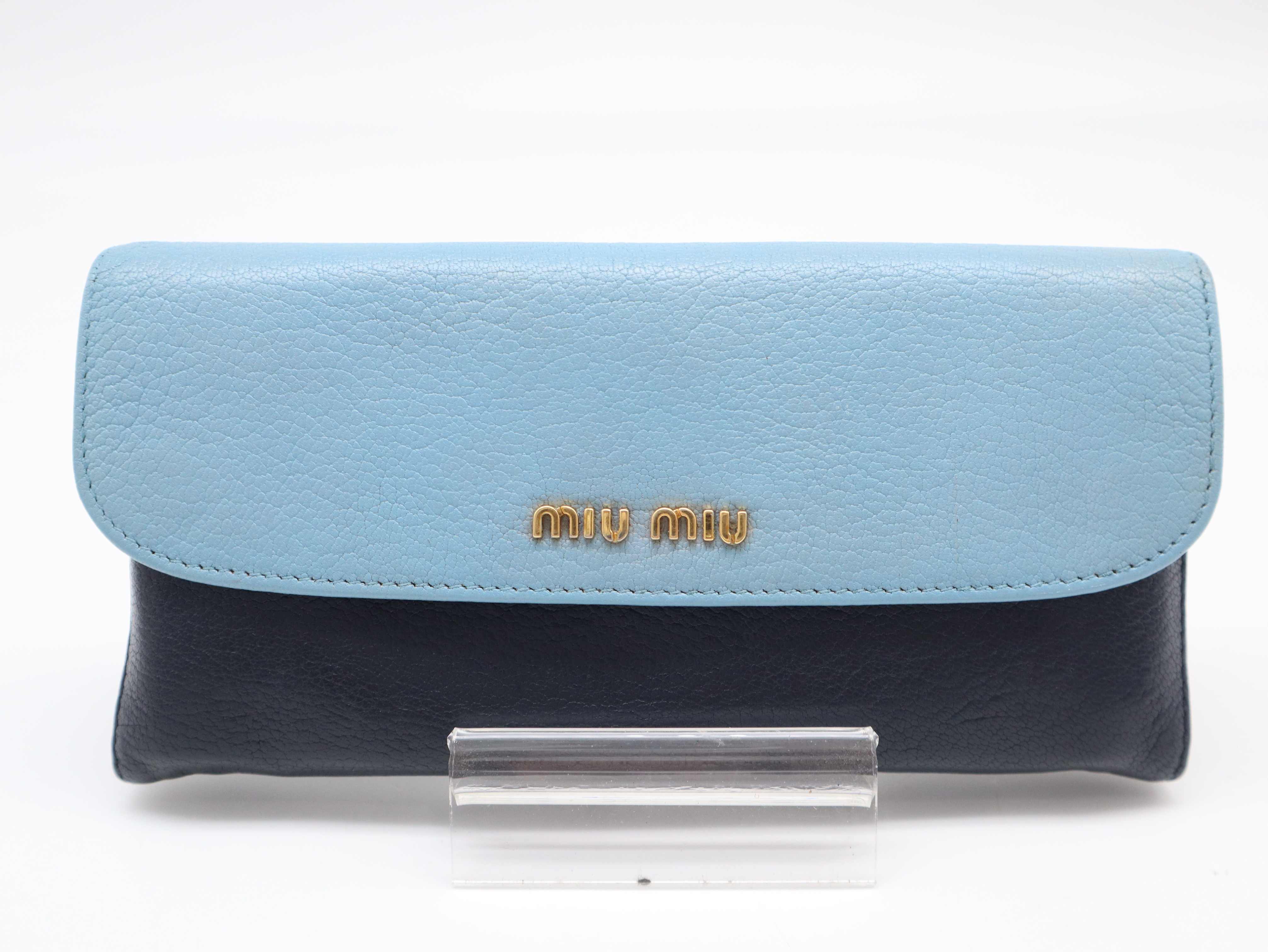 Leather Long Wallet, Bi-color, Light Blue x Navy