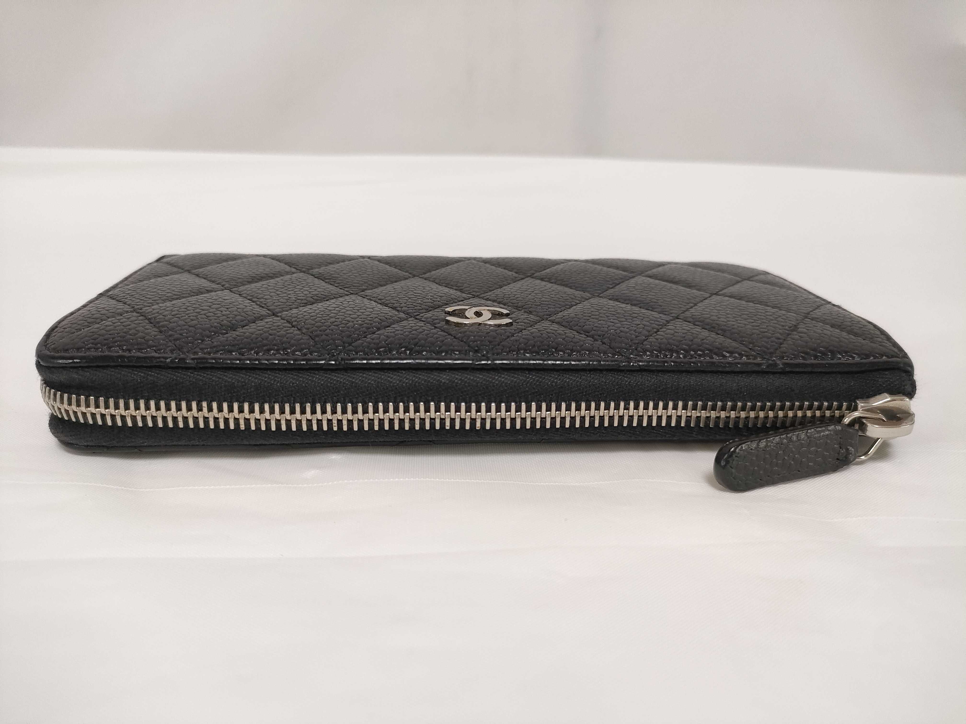 Caviar Skin Round Zip Wallet, Black with Silver Hardware — view 6