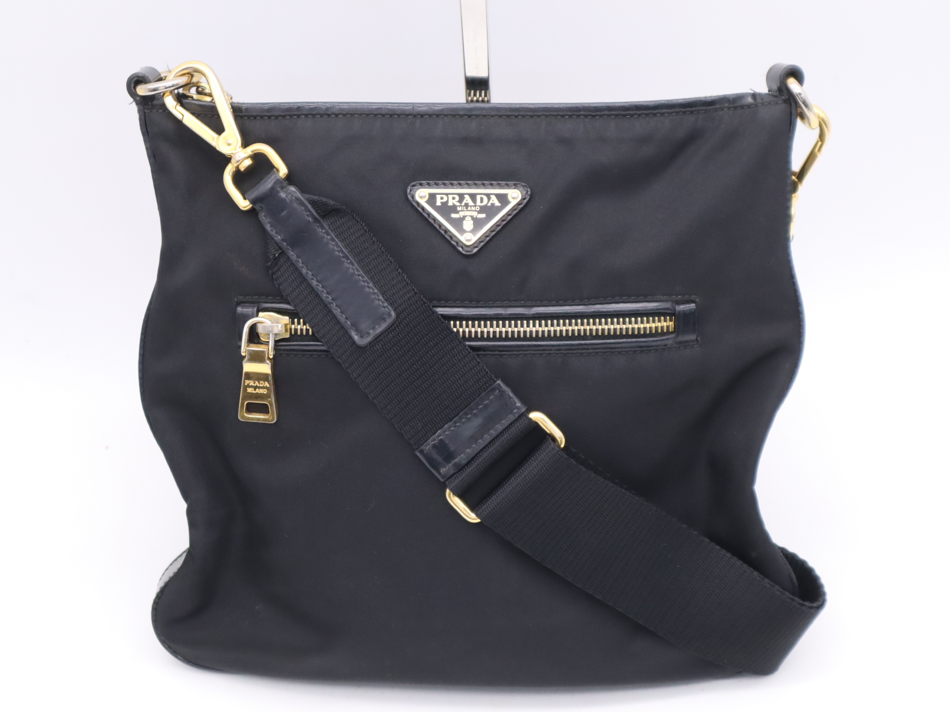 Nylon Triangle Logo Shoulder Bag, Black, Silver Hardware
