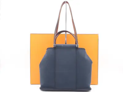 Cabas Elan PM 2WAY Handbag ( L stamp, Leather x Canvas, Navy x Brown, with Box)