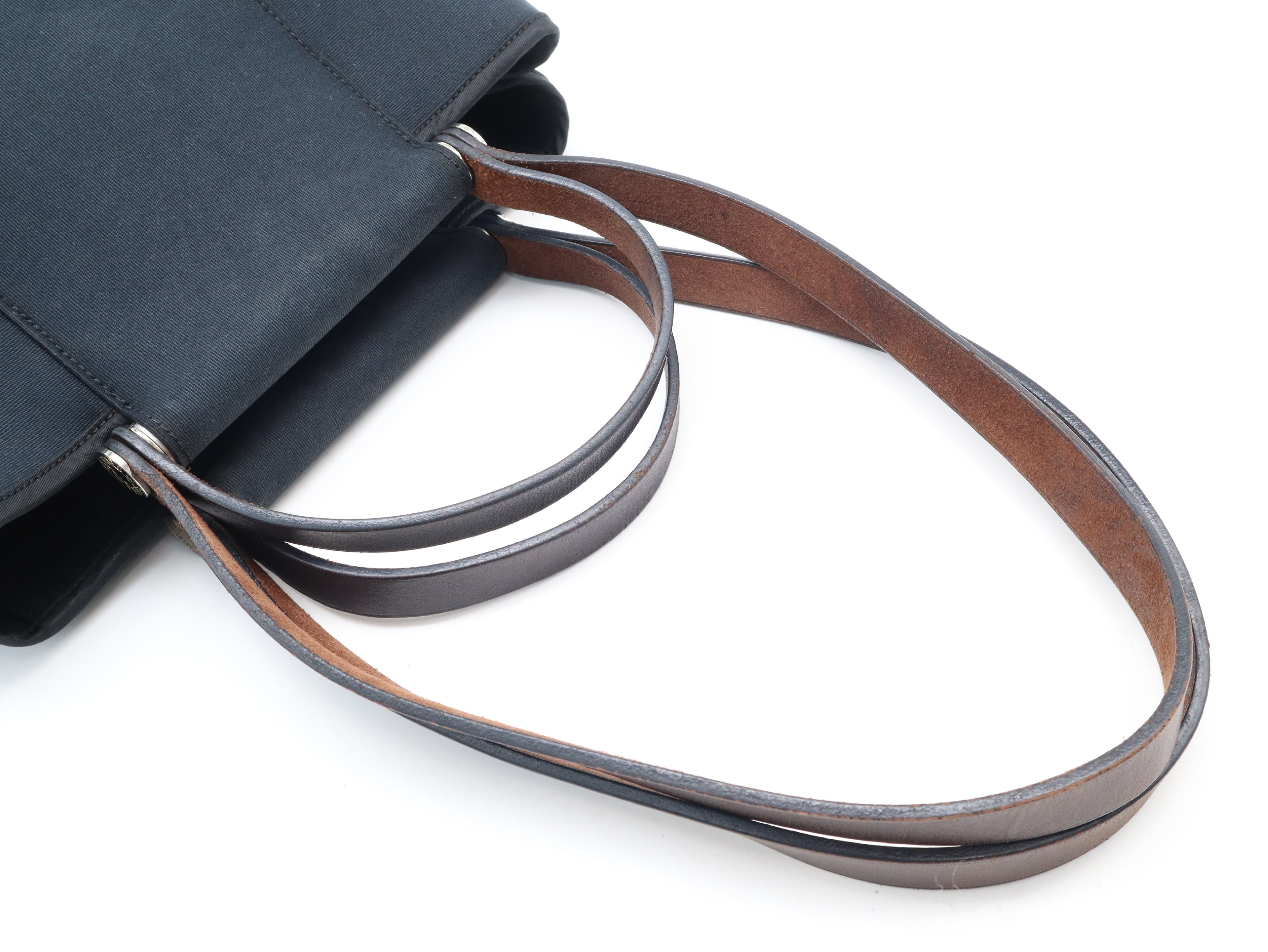 Cabas Elan PM 2WAY Handbag ( L stamp, Leather x Canvas, Navy x Brown, with Box) — view 6