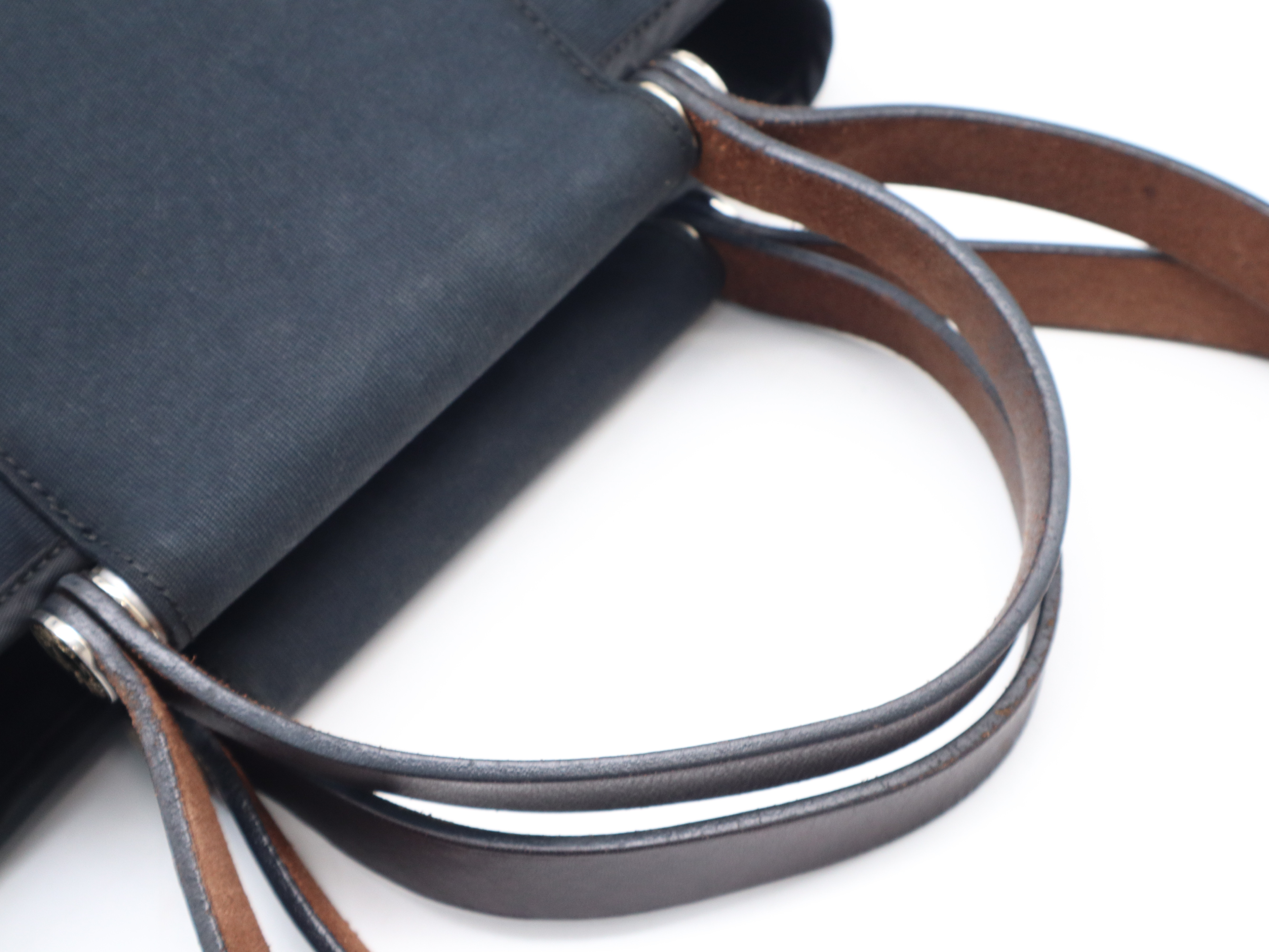 Cabas Elan PM 2WAY Handbag ( L stamp, Leather x Canvas, Navy x Brown, with Box) — view 7