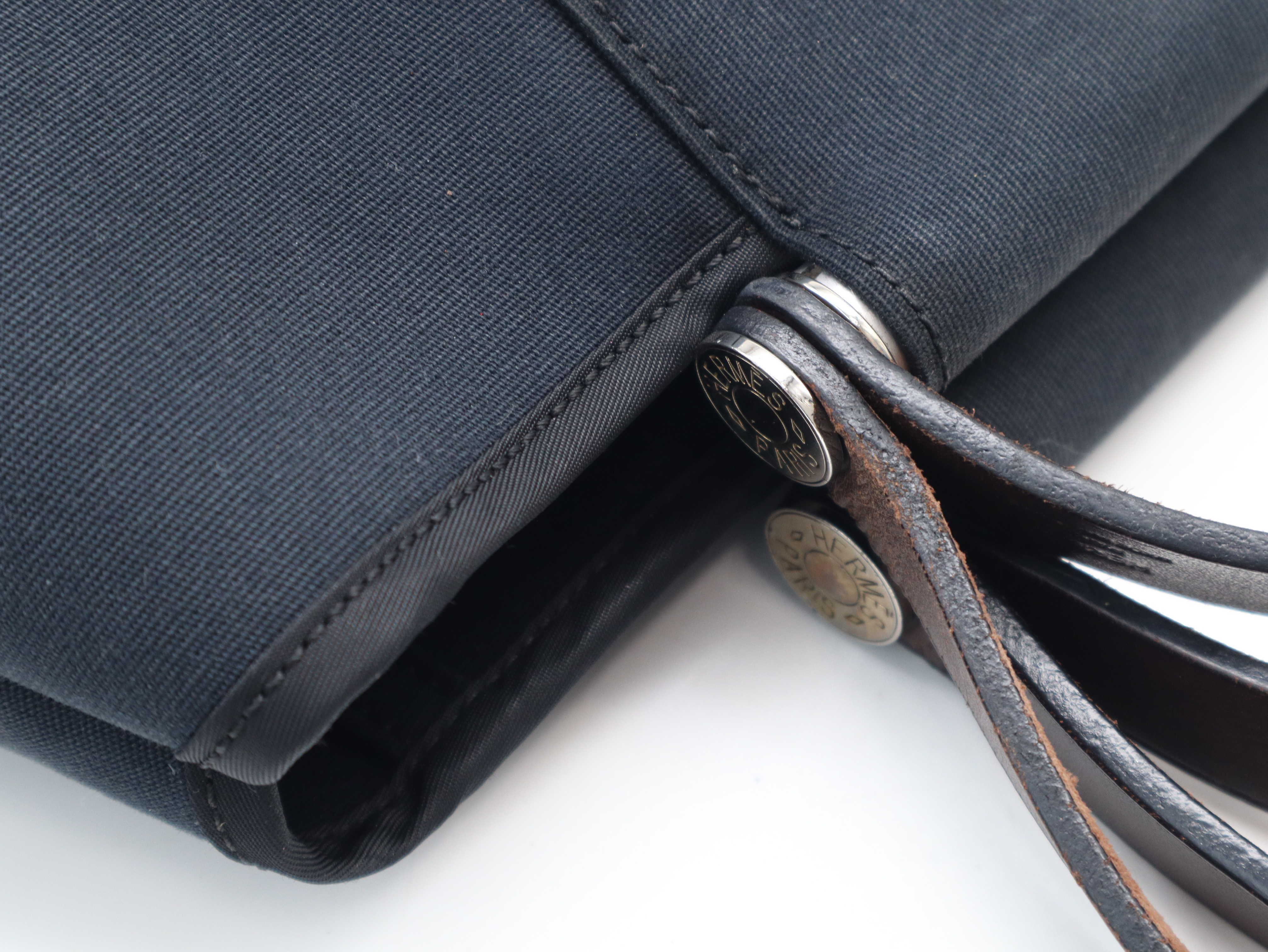 Cabas Elan PM 2WAY Handbag ( L stamp, Leather x Canvas, Navy x Brown, with Box) — view 8