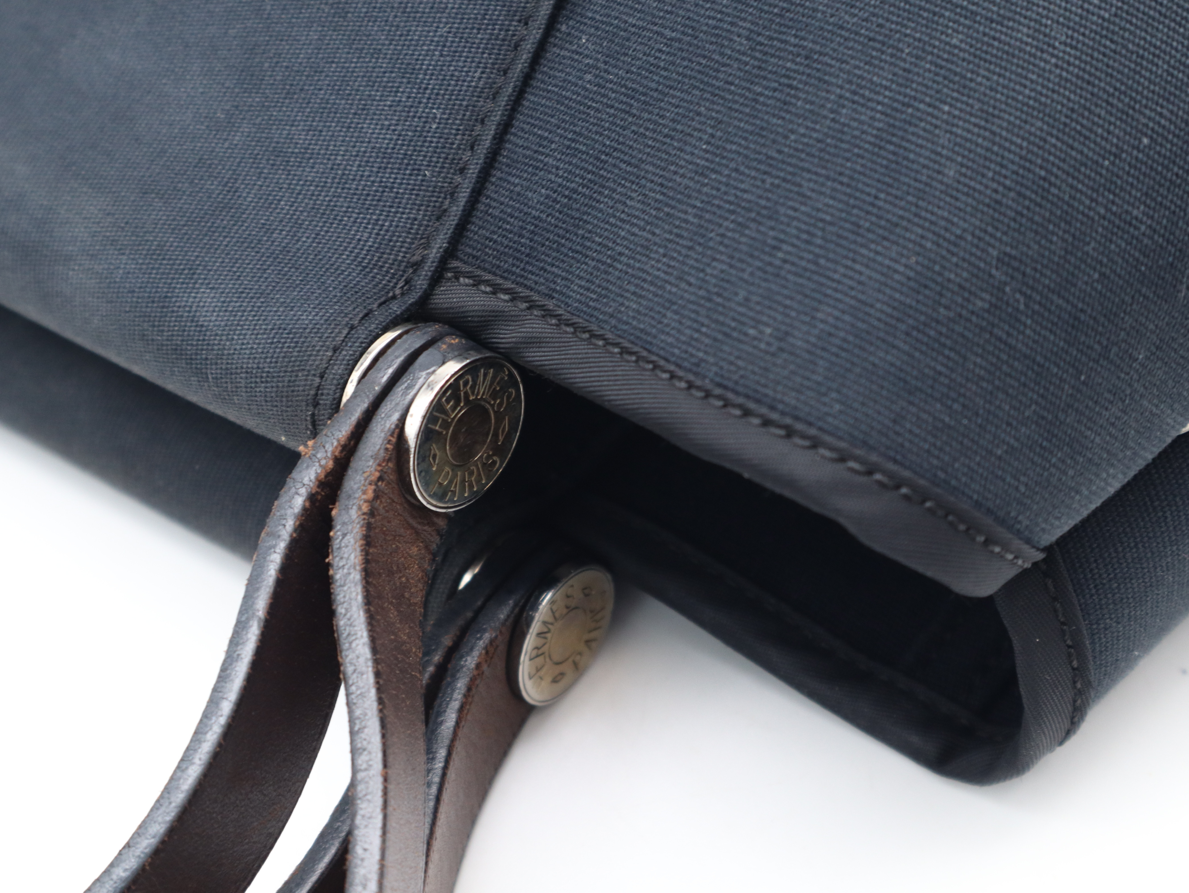 Cabas Elan PM 2WAY Handbag ( L stamp, Leather x Canvas, Navy x Brown, with Box) — view 9