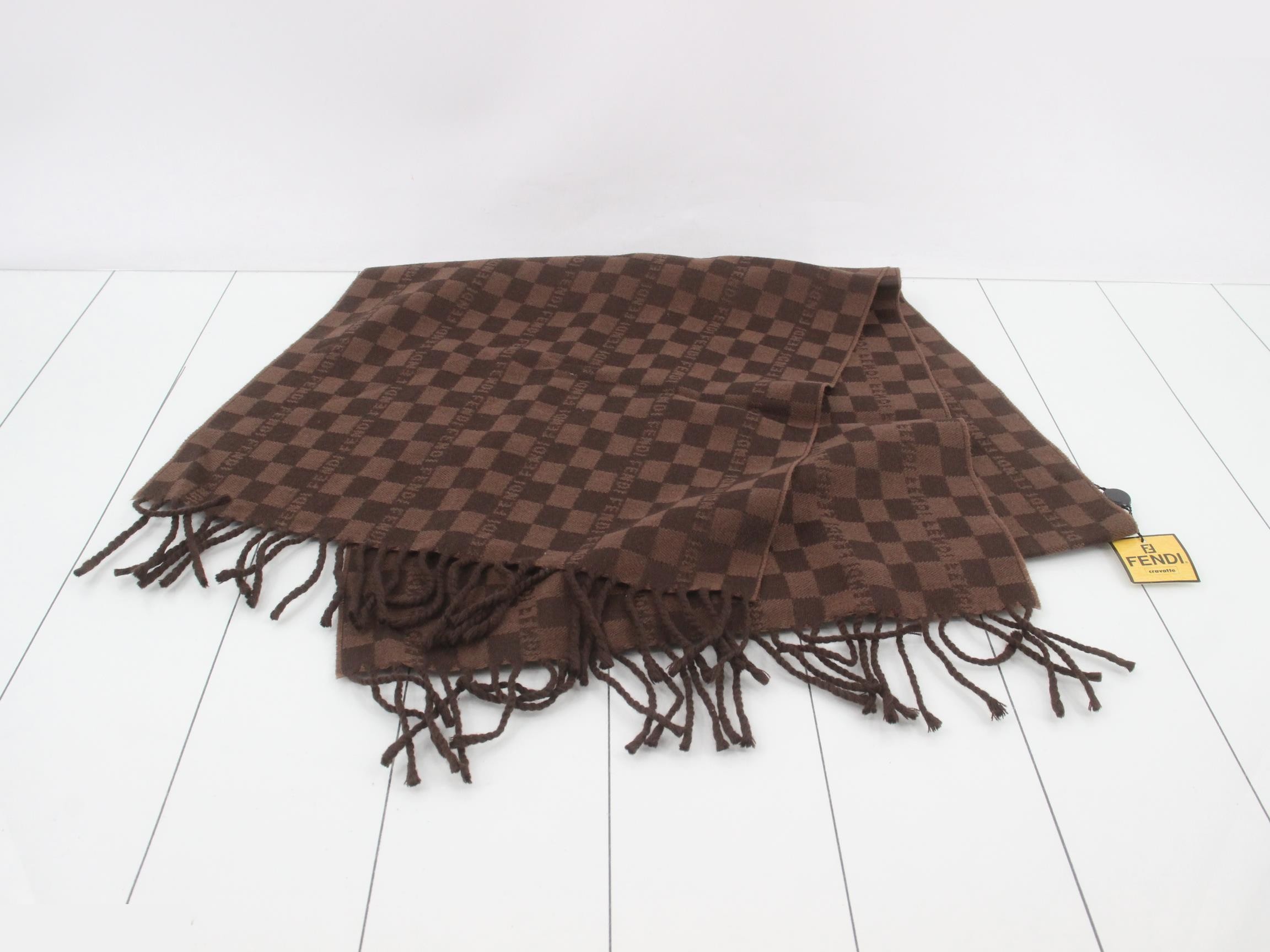 Old tag Pecan scarf with fringe, brown and black. — view 2
