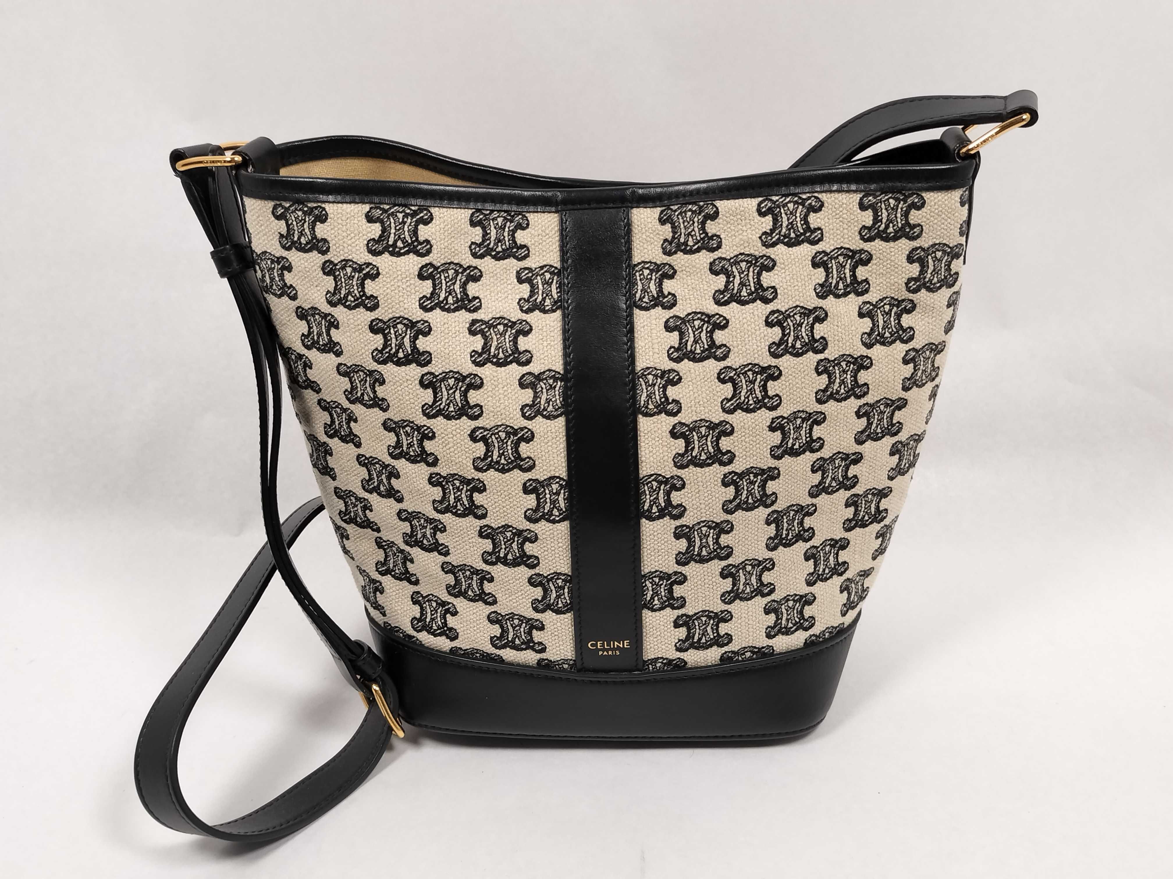 Black and White Canvas Triomphe Bucket Shoulder Bag