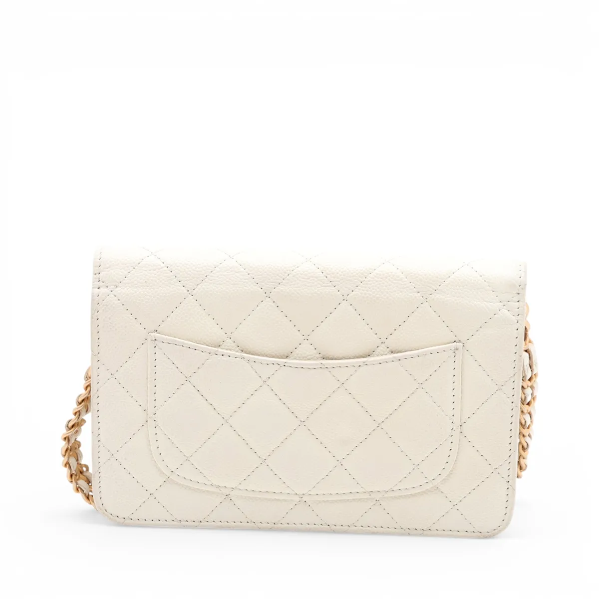 Matelassé Caviar Skin Chain Wallet, White with Gold Hardware, A33A9817, Random Plate — view 2