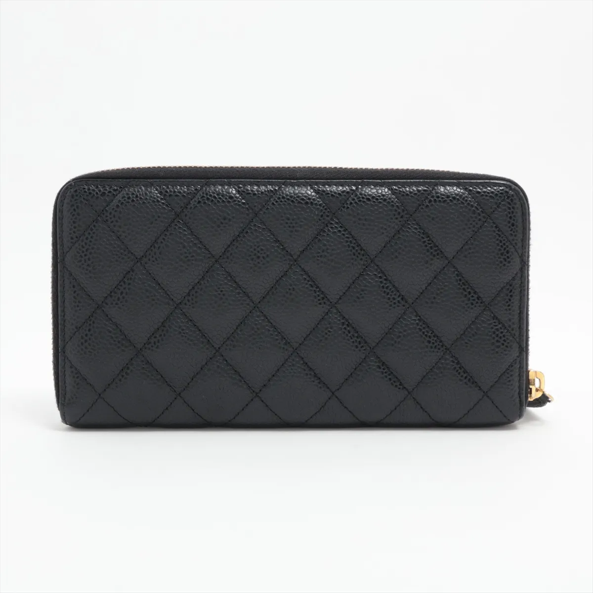 Matelassé Caviar Skin Round Zip Wallet, Black with Gold Hardware, 20055575 — view 2