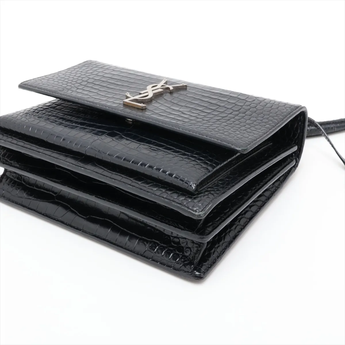 Sunset 442906 Crocodile Embossed Chain Shoulder Bag, Black — view 3