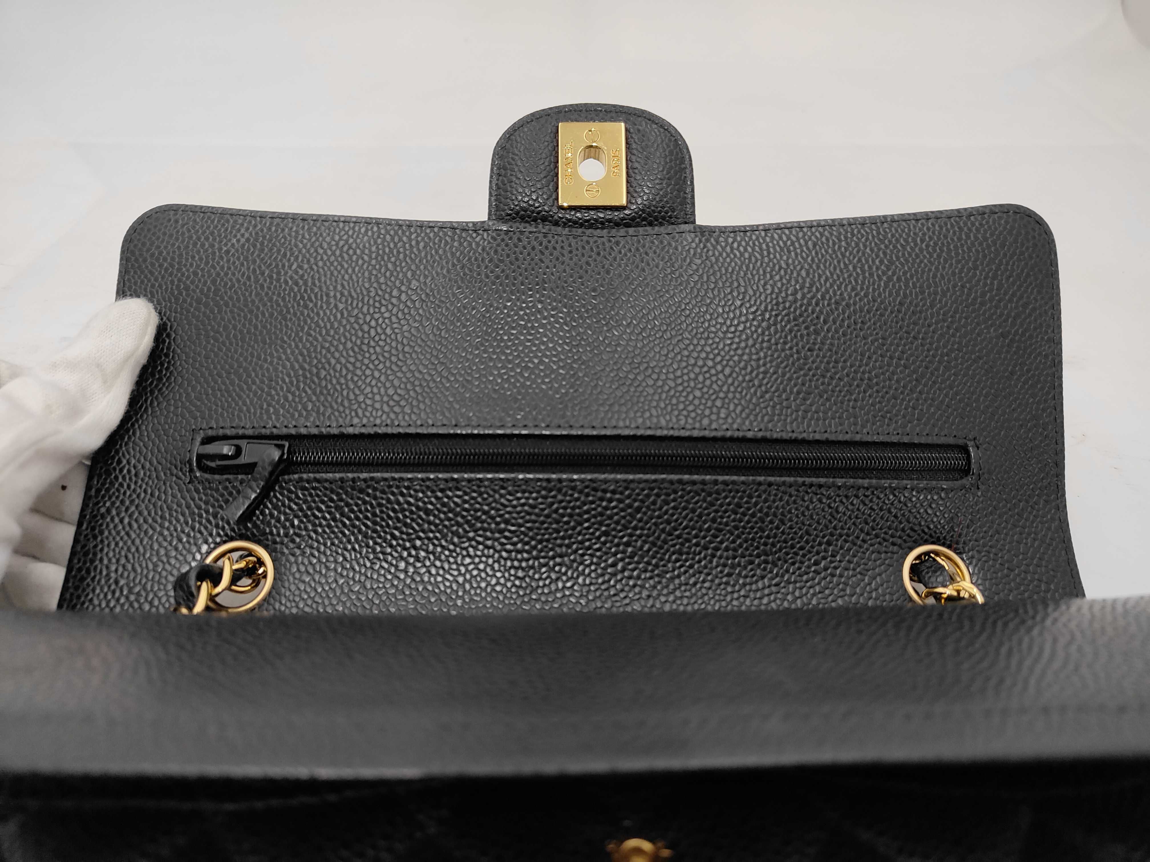Matelassé Double Flap Chain Shoulder Bag, Black Caviar Leather, Gold Hardware. — view 8