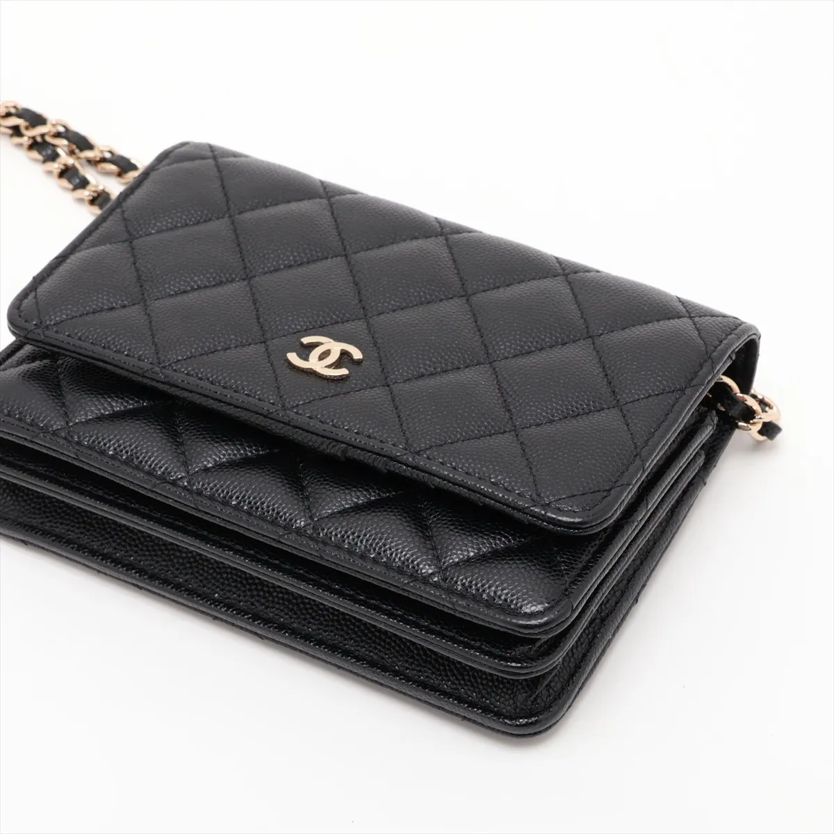Matelassé Caviar Skin Chain Wallet, Black with Gold Hardware, 30732028 (Serial Number in the 30s), AP1649 — view 3