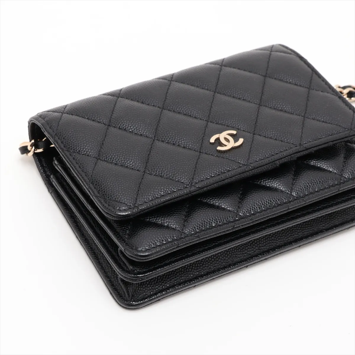 Matelassé Caviar Skin Chain Wallet, Black with Gold Hardware, 30732028 (Serial Number in the 30s), AP1649 — view 4