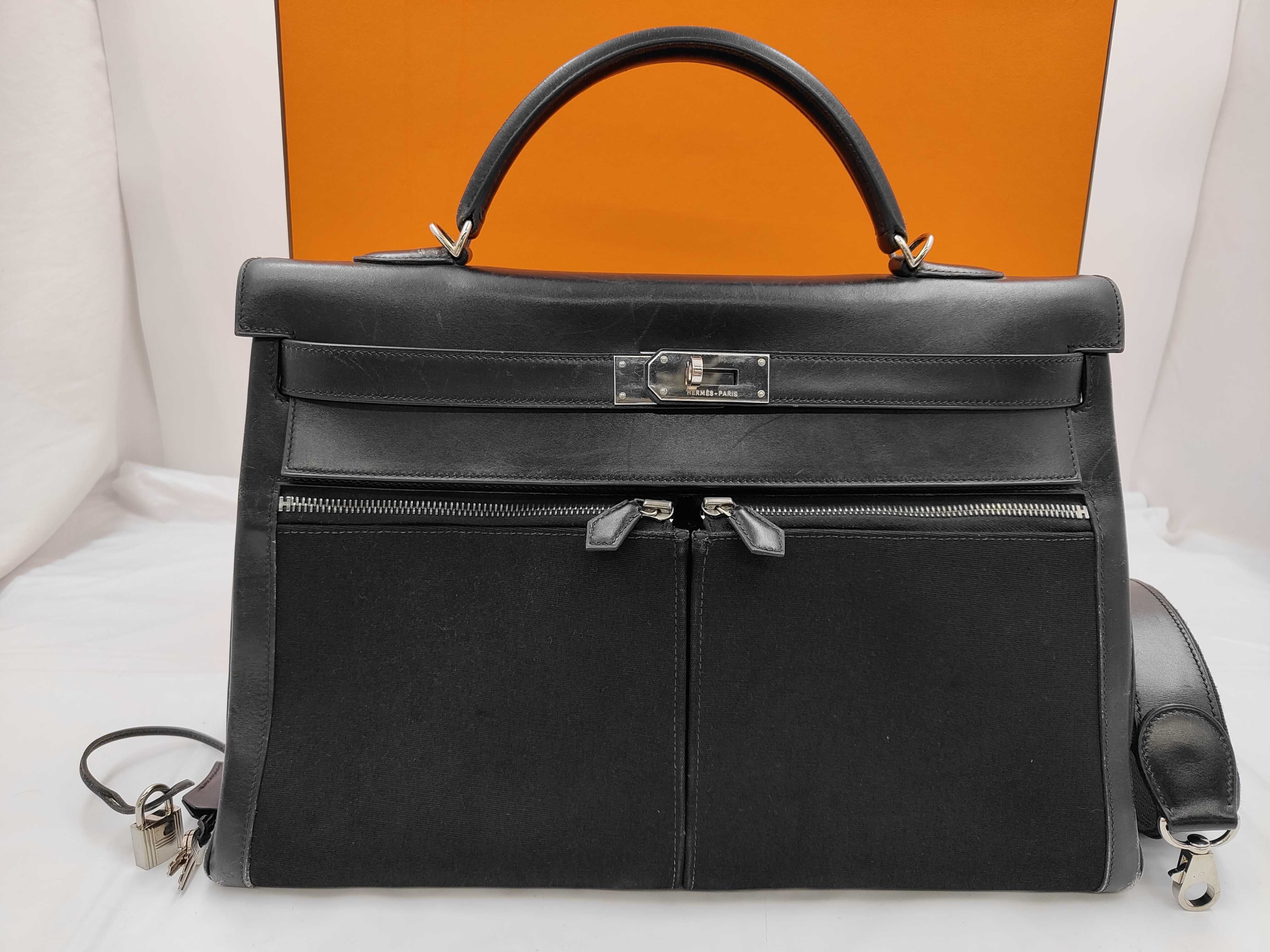 Kelly Laqui 40 Box Calf x Toile Black Silver Hardware H Handbag