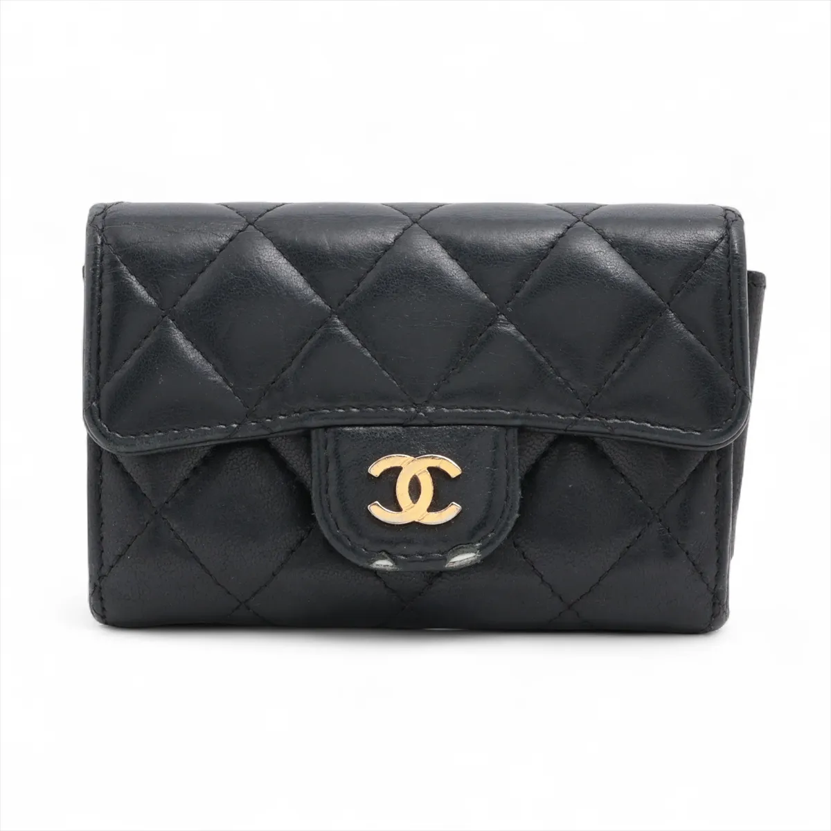 Matelassé Lambskin Card Case, Black with Gold Hardware, 31568065