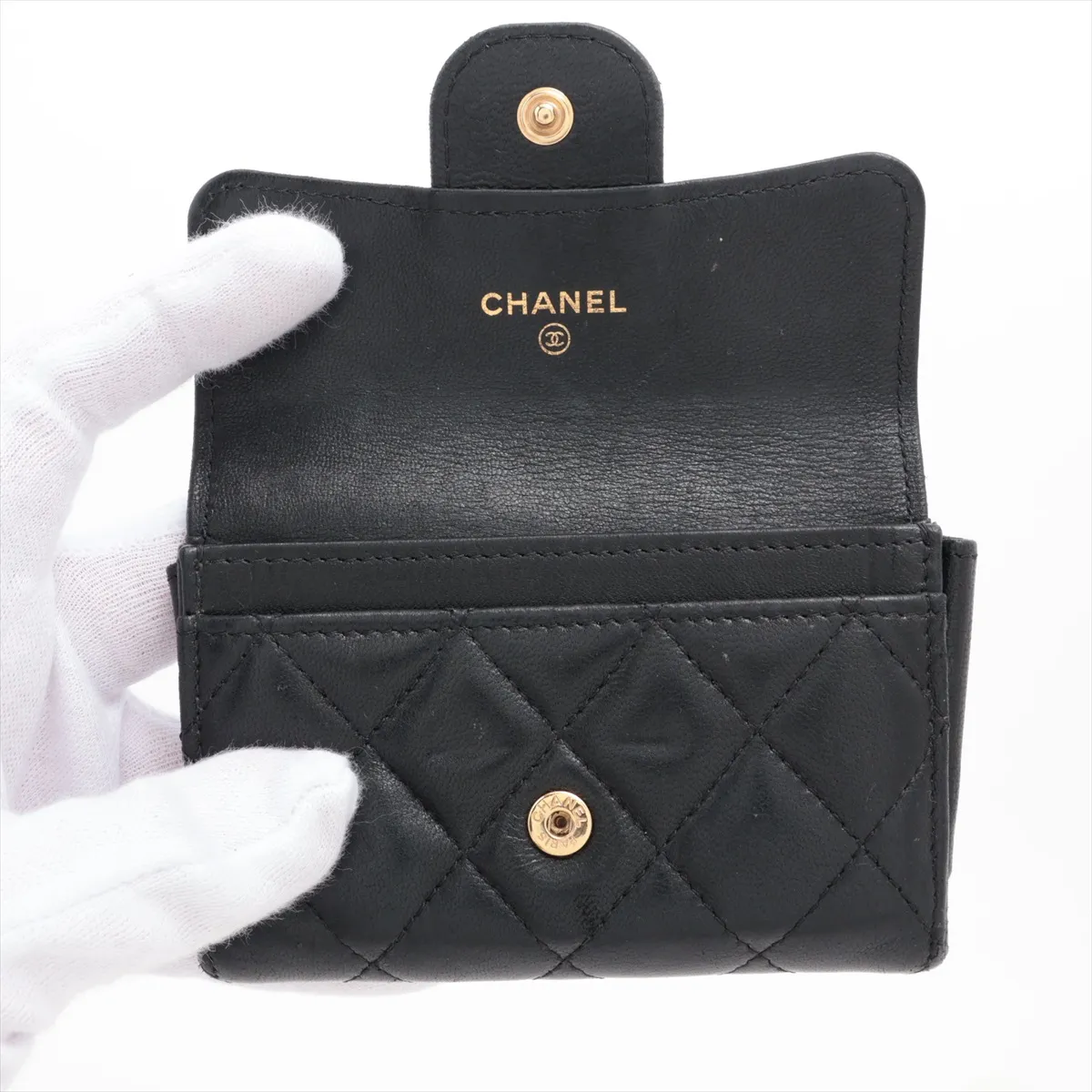 Matelassé Lambskin Card Case, Black with Gold Hardware, 31568065 — view 3