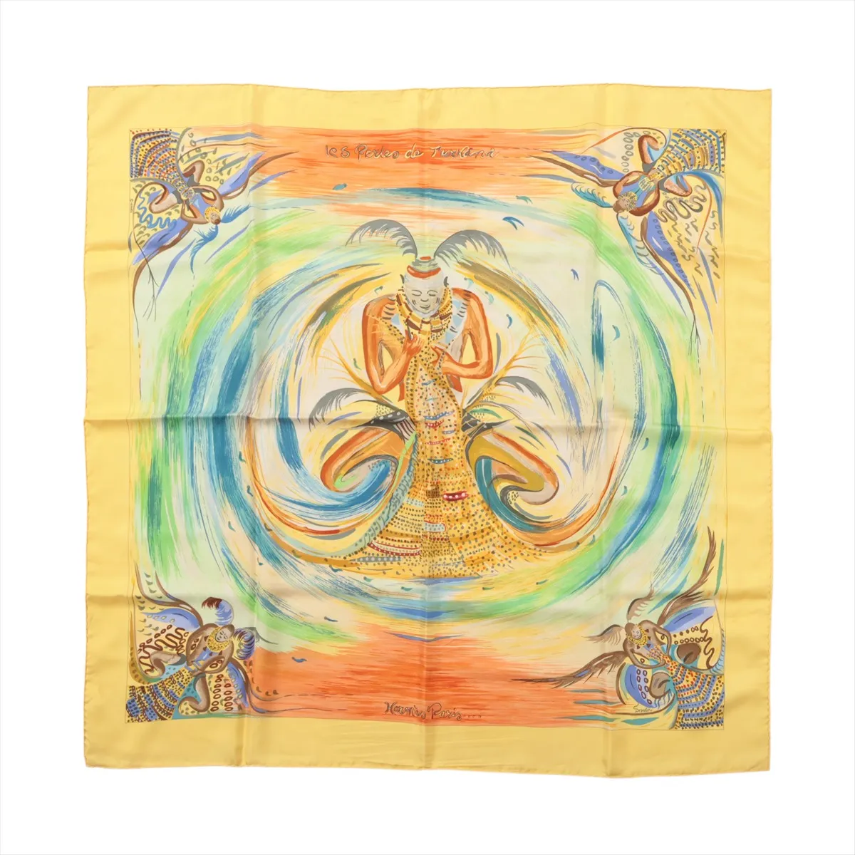 Carre 90 Les Perles Turkana (Pearls of Turkana) scarf, silk, yellow. Shows wear,