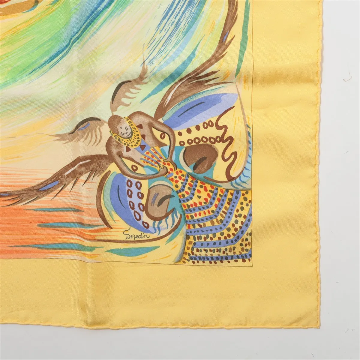 Carre 90 Les Perles Turkana (Pearls of Turkana) scarf, silk, yellow. Shows wear, — view 4