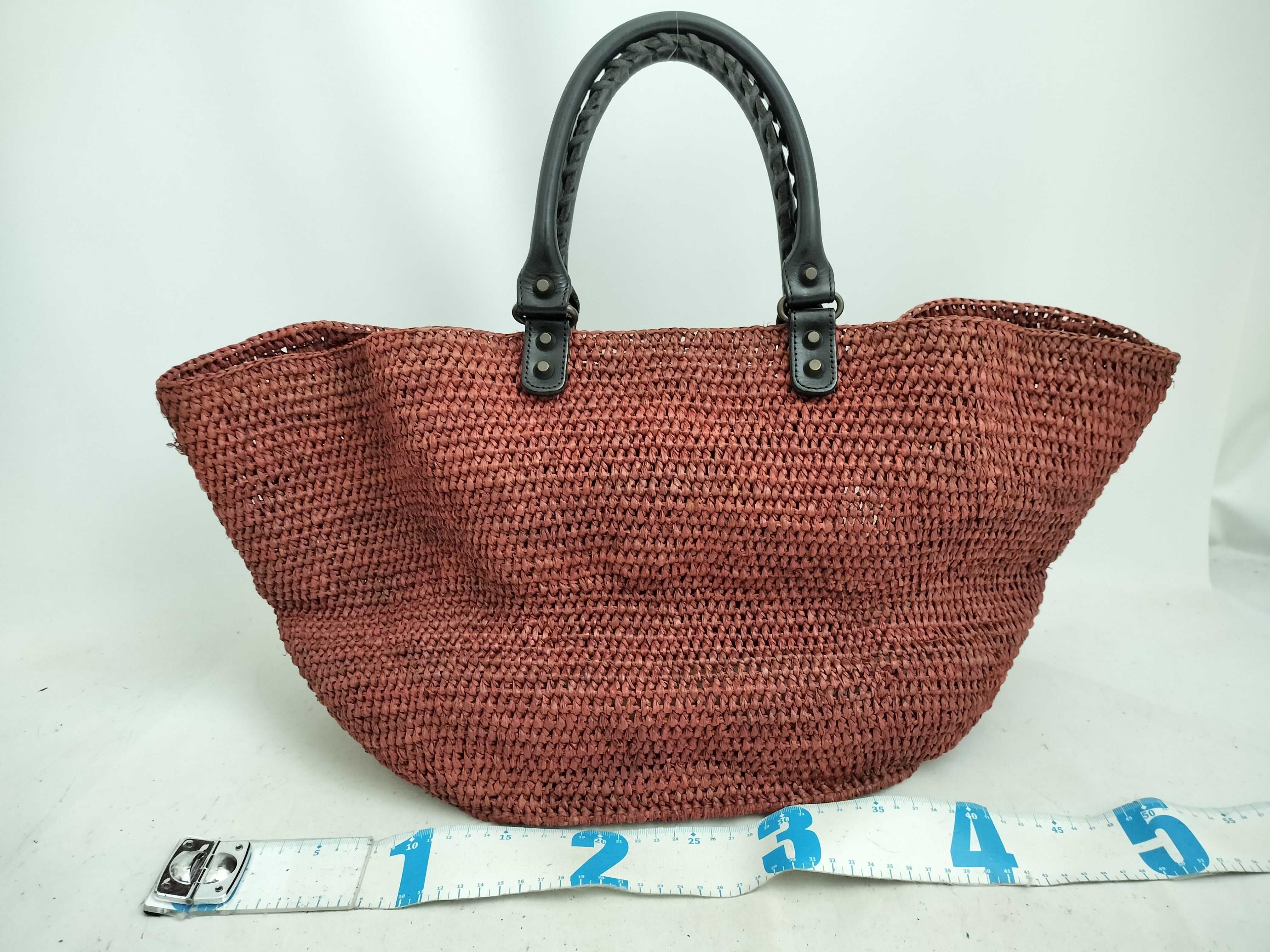Raffia x Leather Basket Bag, Black x Beige, 236743 Tote Bag — view 2