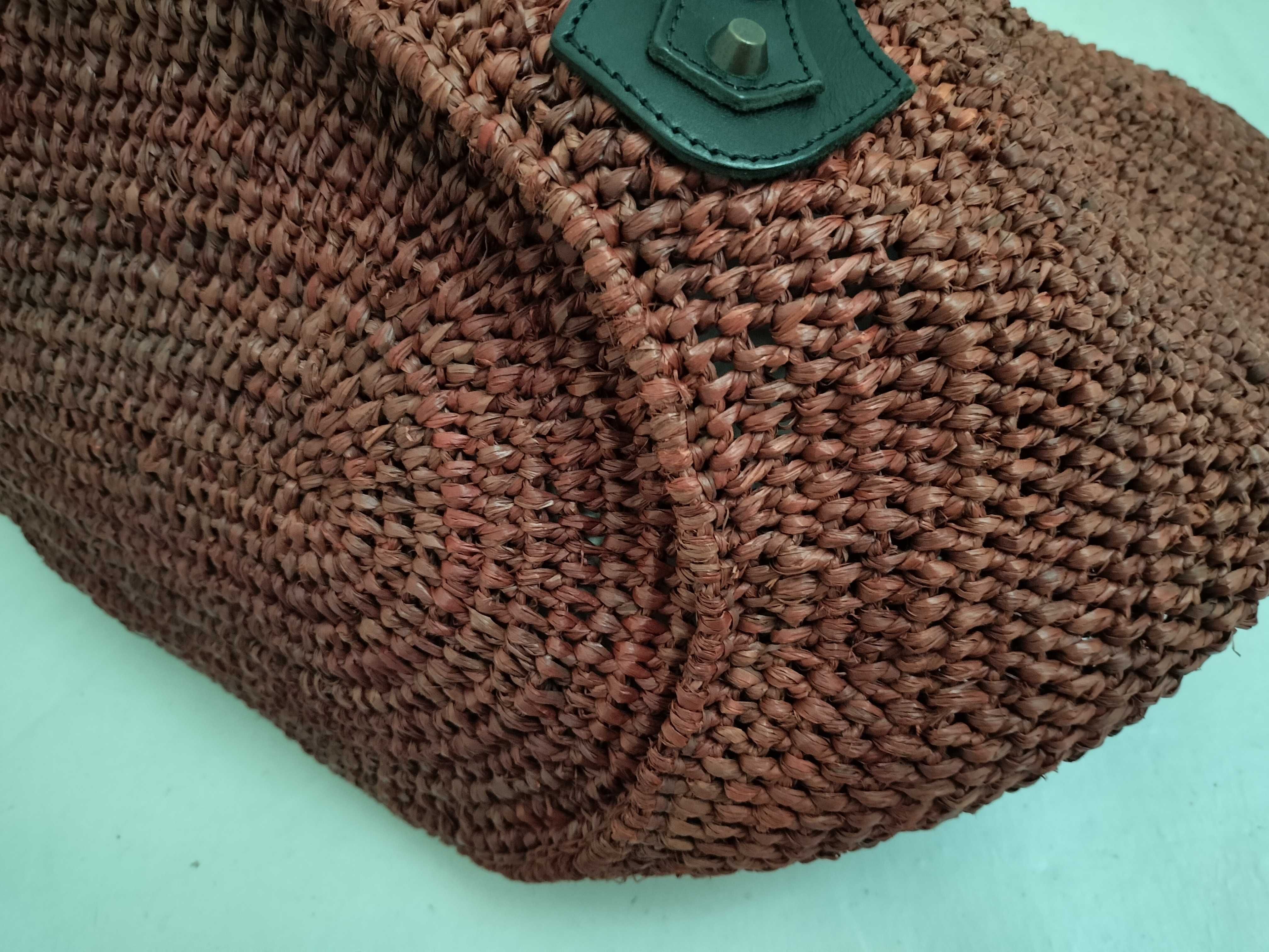 Raffia x Leather Basket Bag, Black x Beige, 236743 Tote Bag — view 6