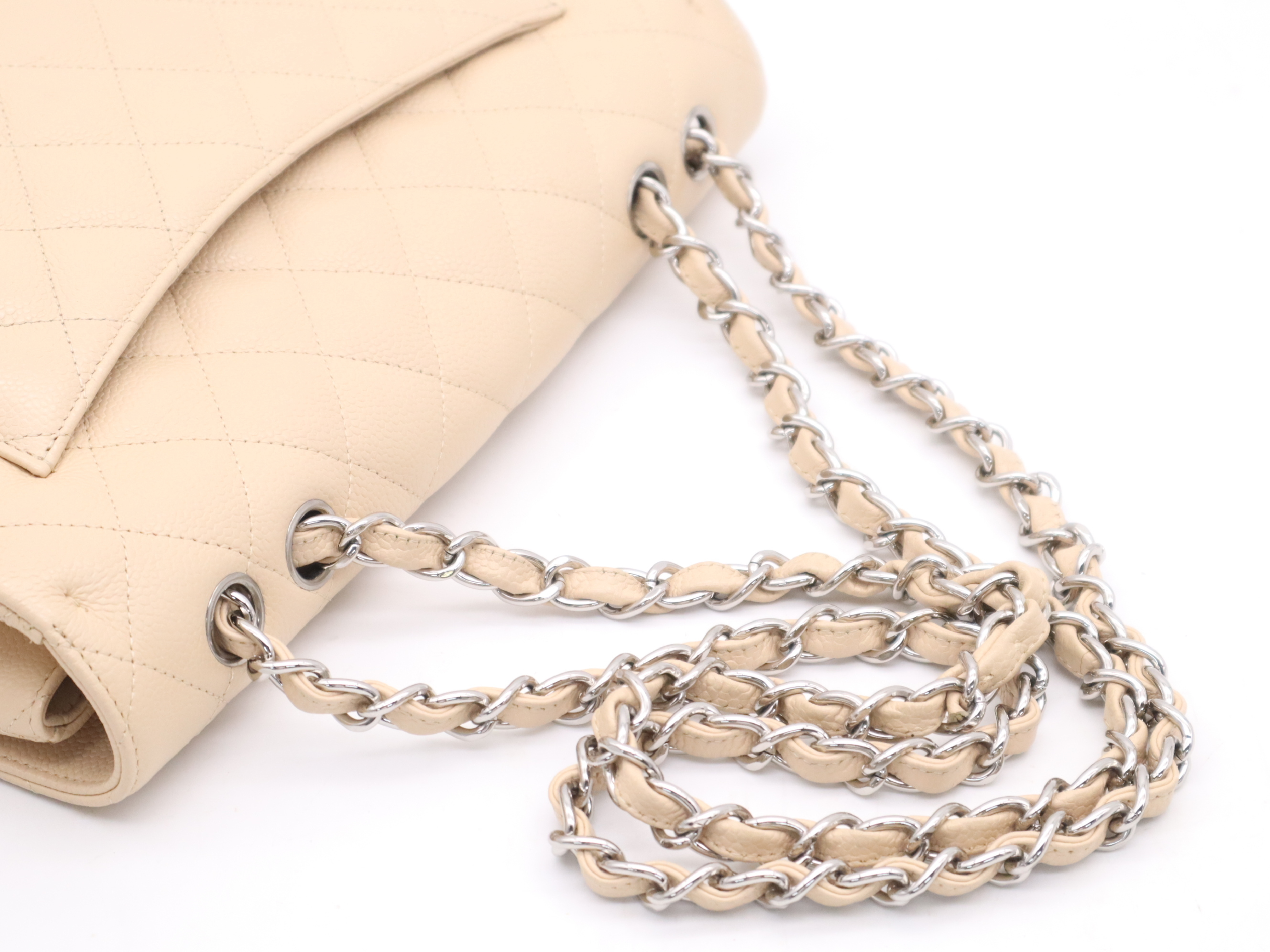 Caviar Skin Matelassé Classic Chain Shoulder Bag, Beige, Silver Hardware, with Seal and Card, 13935565 (Shoulder Bag) — view 6