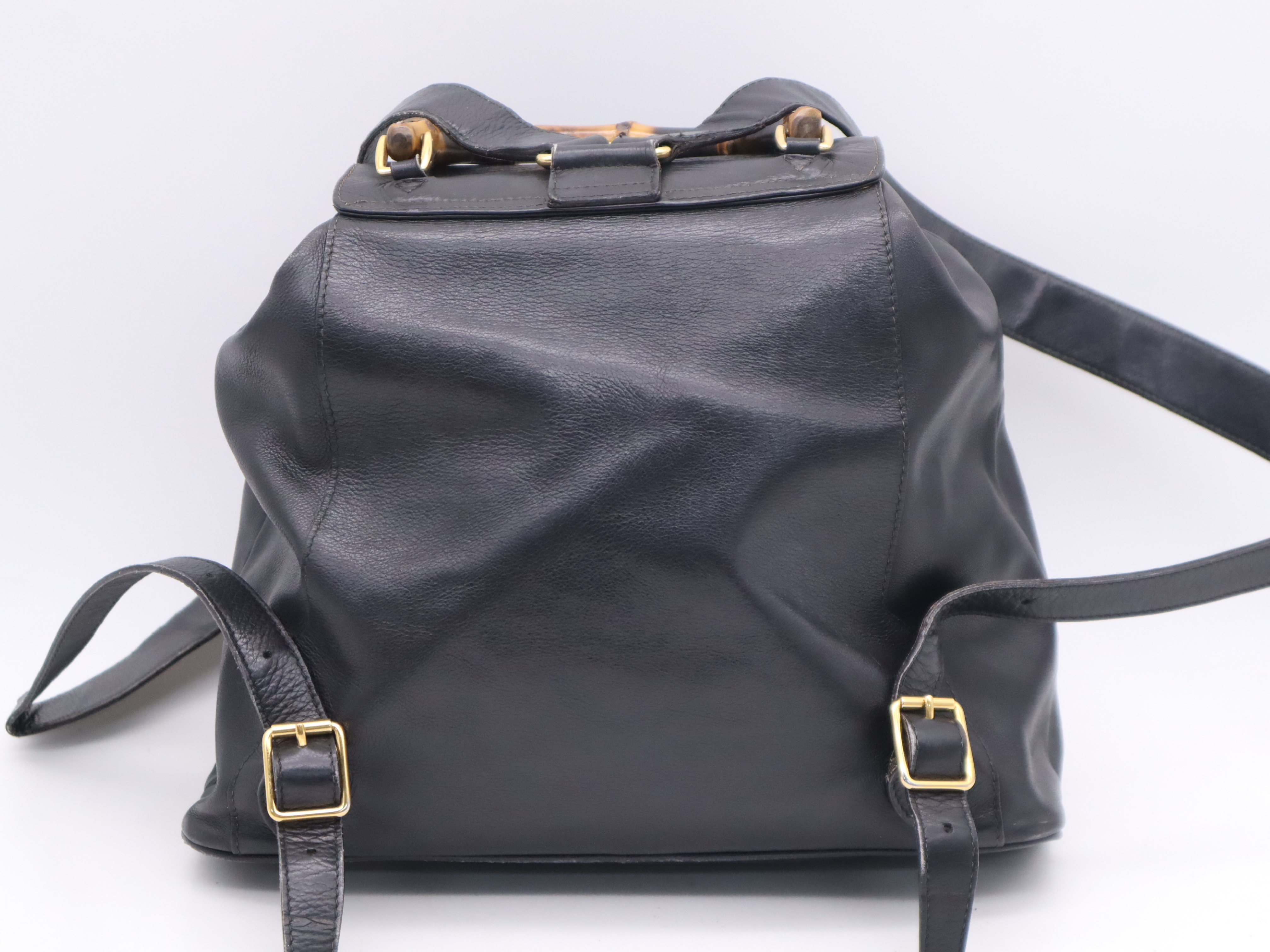 003-2058-0016 Leather Bamboo Backpack, Black with Gold Hardware — view 2