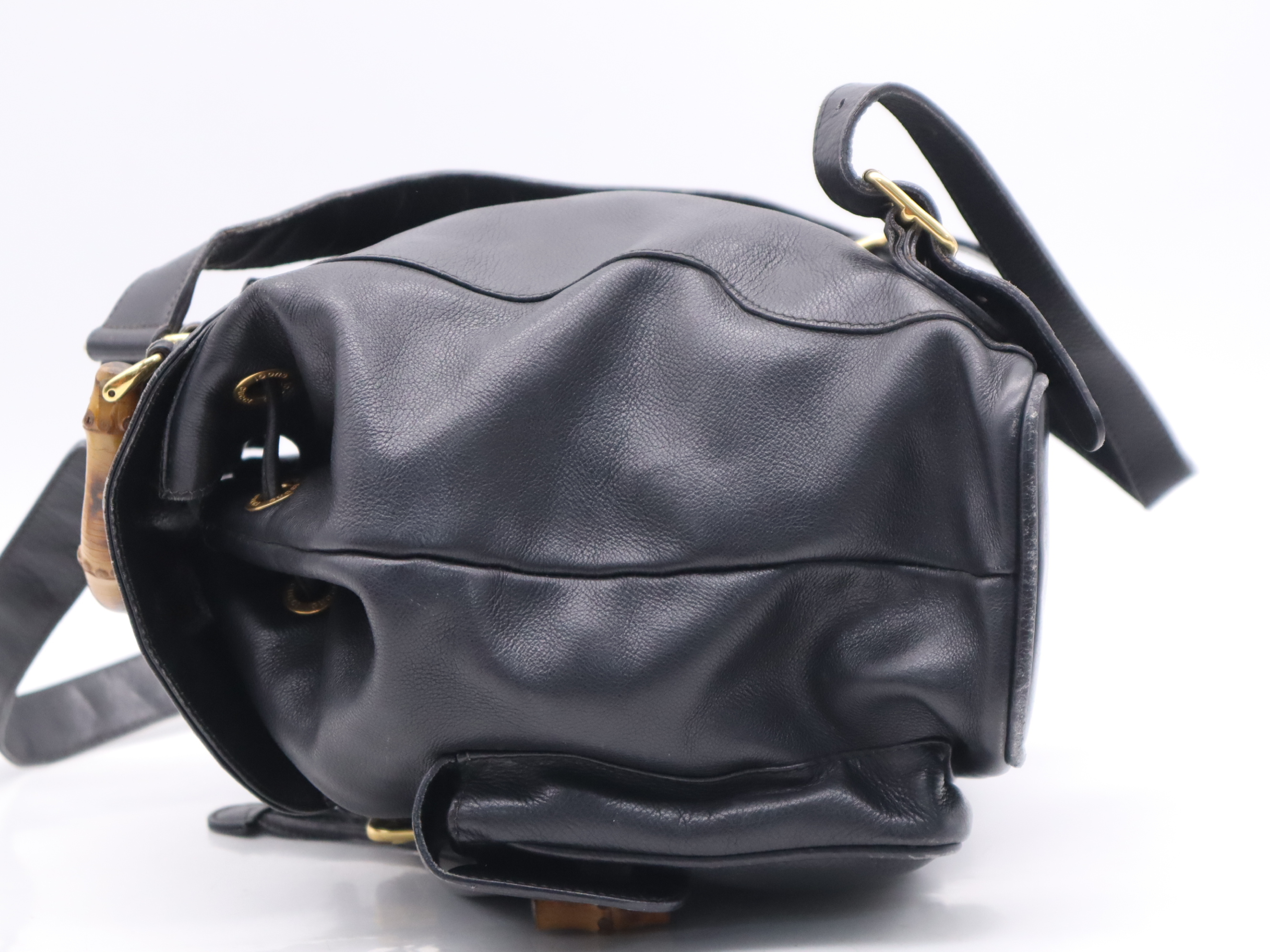003-2058-0016 Leather Bamboo Backpack, Black with Gold Hardware — view 3