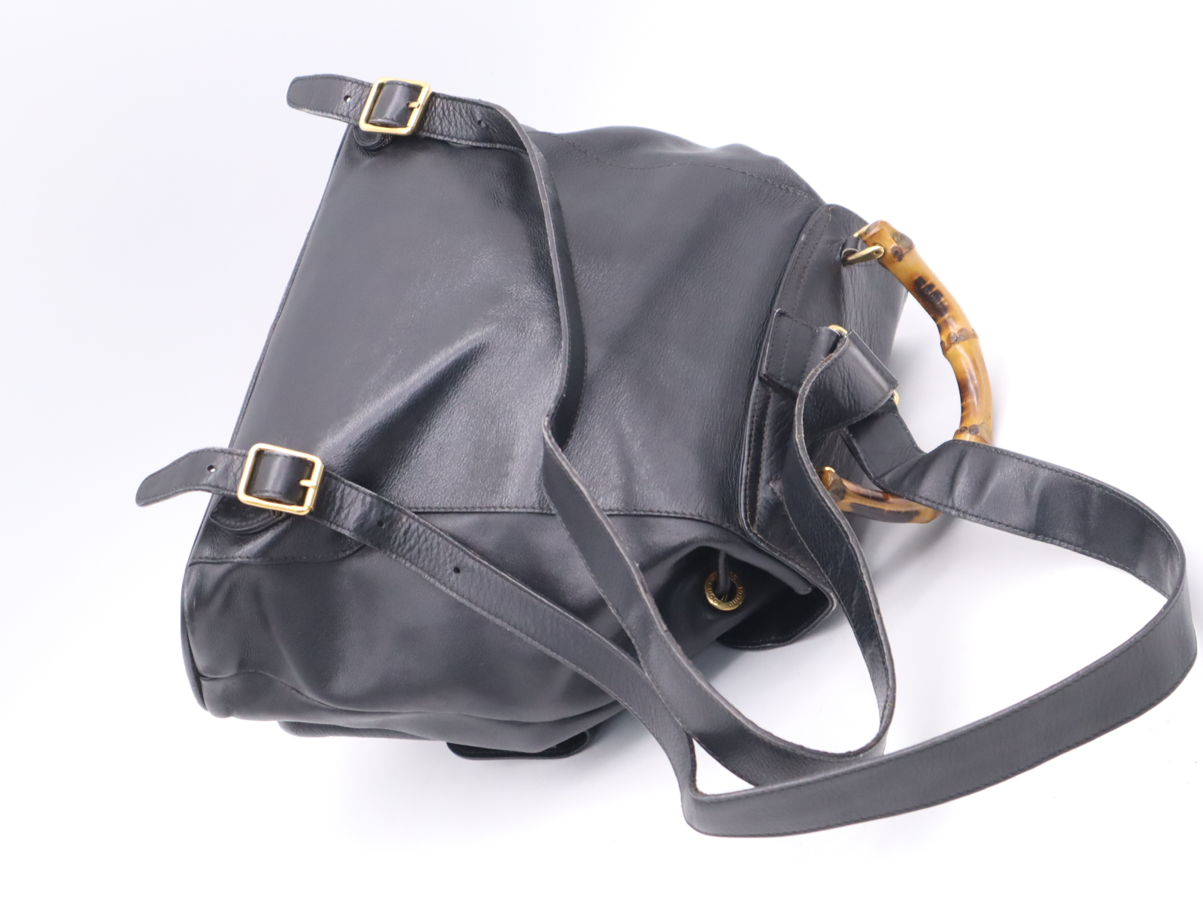 003-2058-0016 Leather Bamboo Backpack, Black with Gold Hardware — view 6