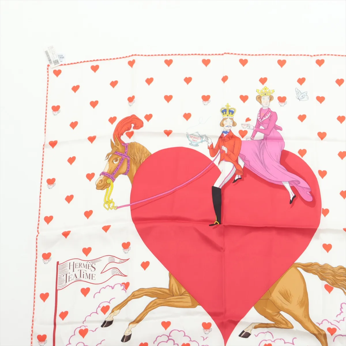 Carre 70 Hermes Tea Time Scarf, Silk, White x Red, with some wear and snags, and original tag. — view 2