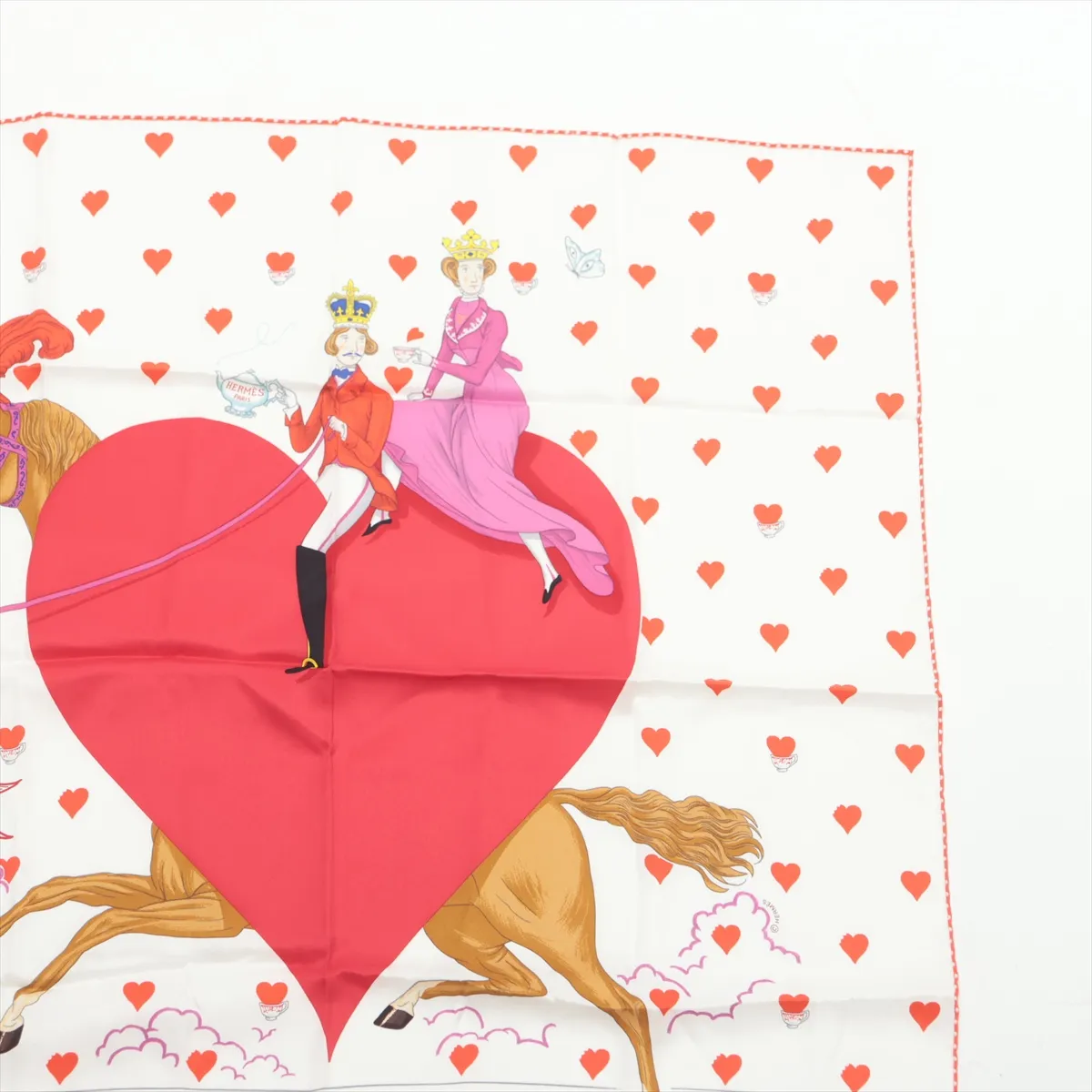 Carre 70 Hermes Tea Time Scarf, Silk, White x Red, with some wear and snags, and original tag. — view 3