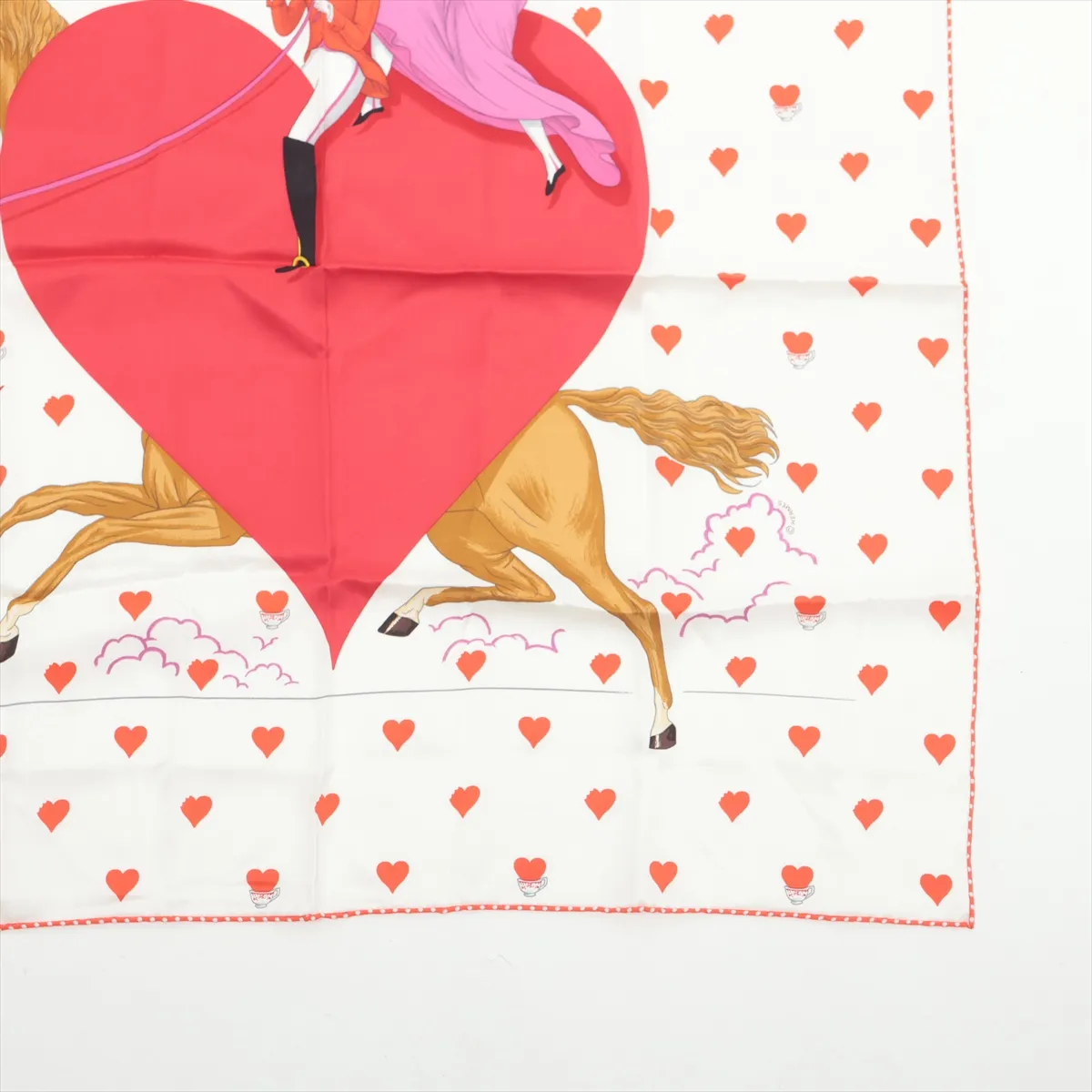 Carre 70 Hermes Tea Time Scarf, Silk, White x Red, with some wear and snags, and original tag. — view 4