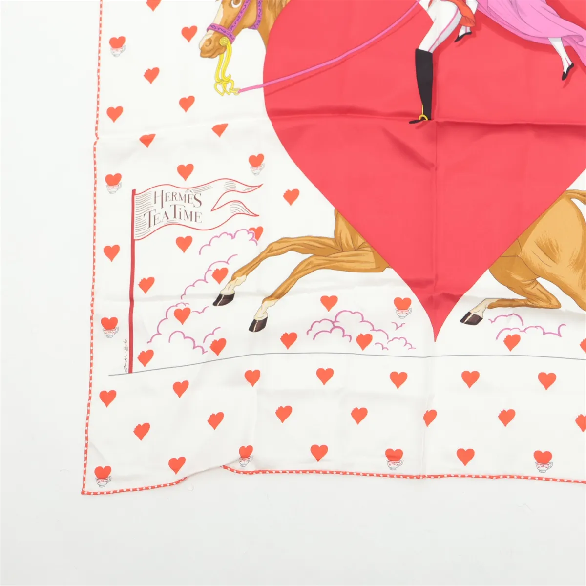 Carre 70 Hermes Tea Time Scarf, Silk, White x Red, with some wear and snags, and original tag. — view 5