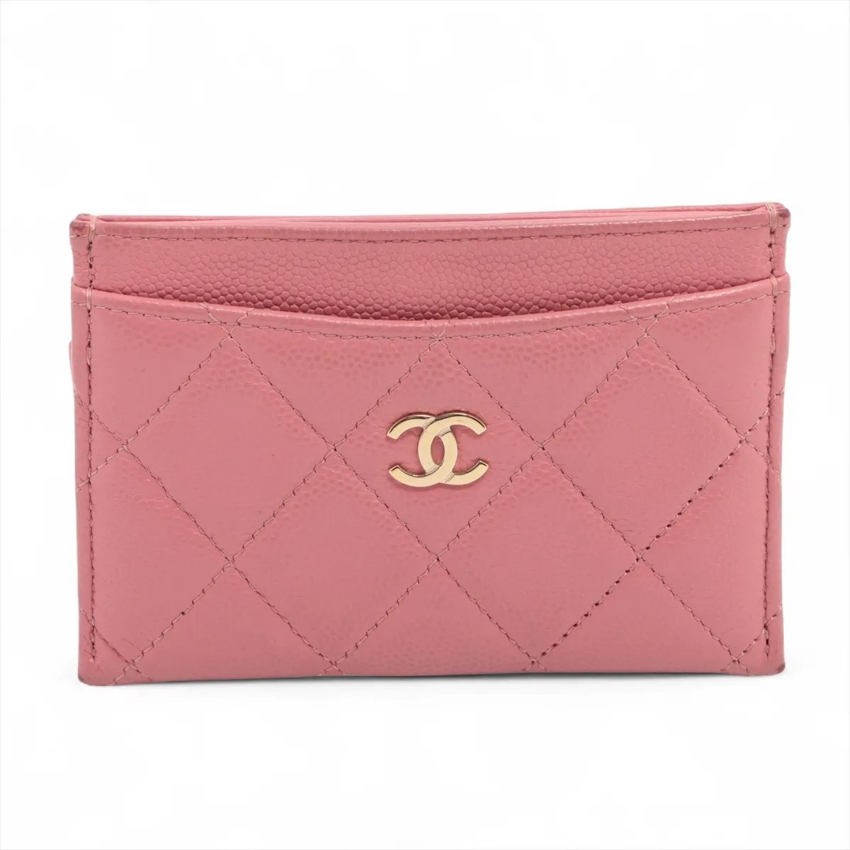 Matelassé Caviar Skin Card Case, Pink with Gold Hardware, XLGNXHNH