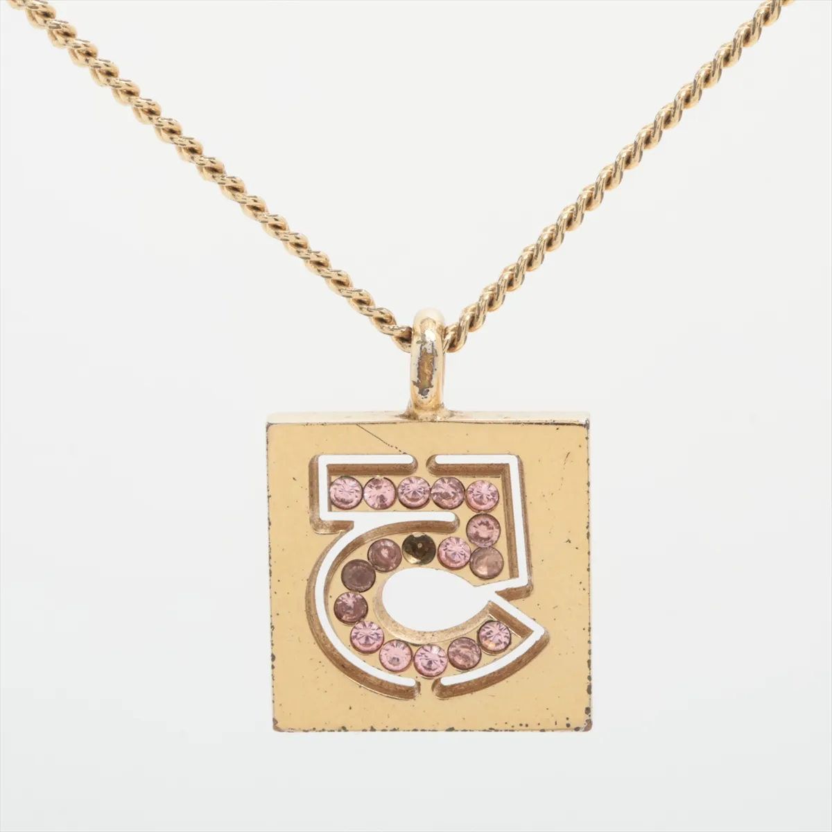 02P Necklace, GP x Rhinestone, Gold x Pink. Shows signs of wear including — view 2
