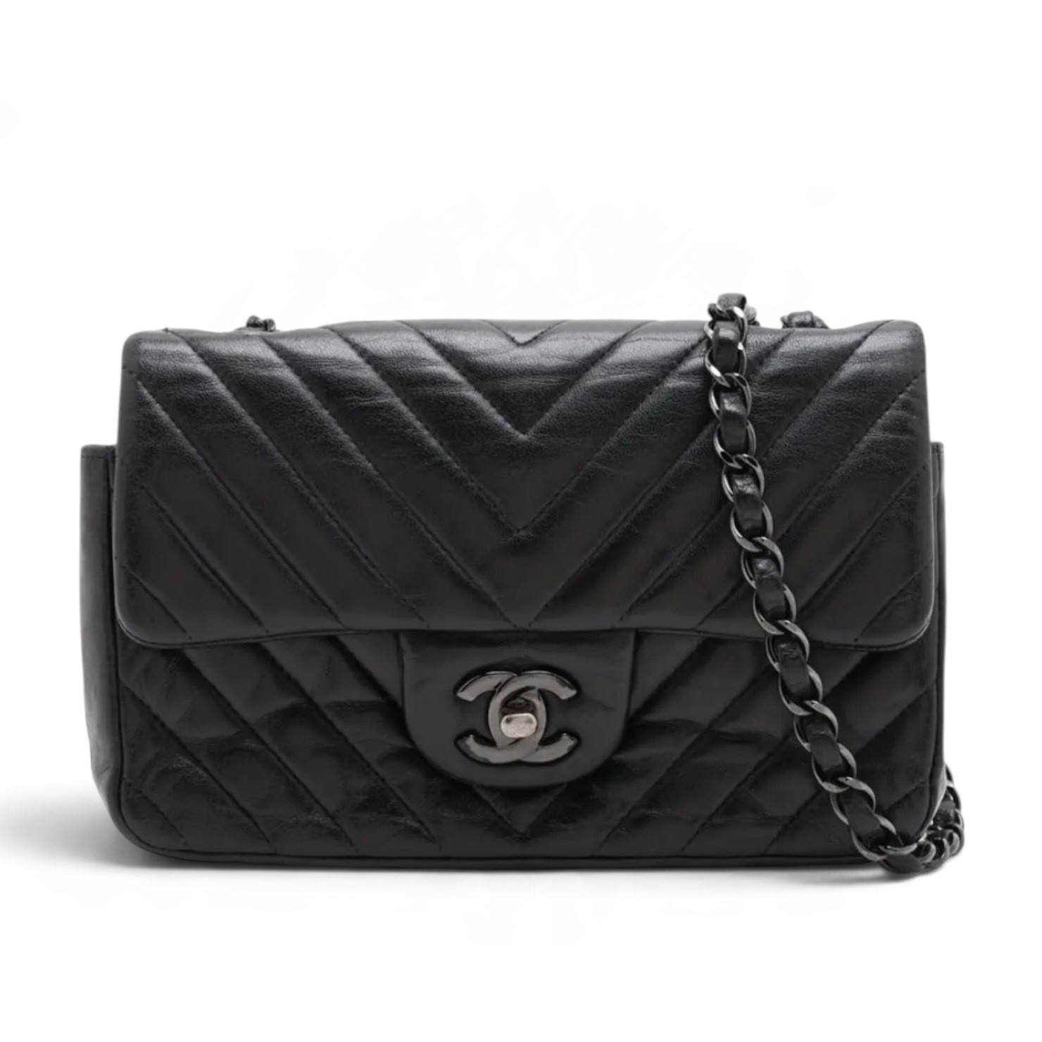 Chevron Lambskin Single Flap Single Chain Bag with V-Stitch
