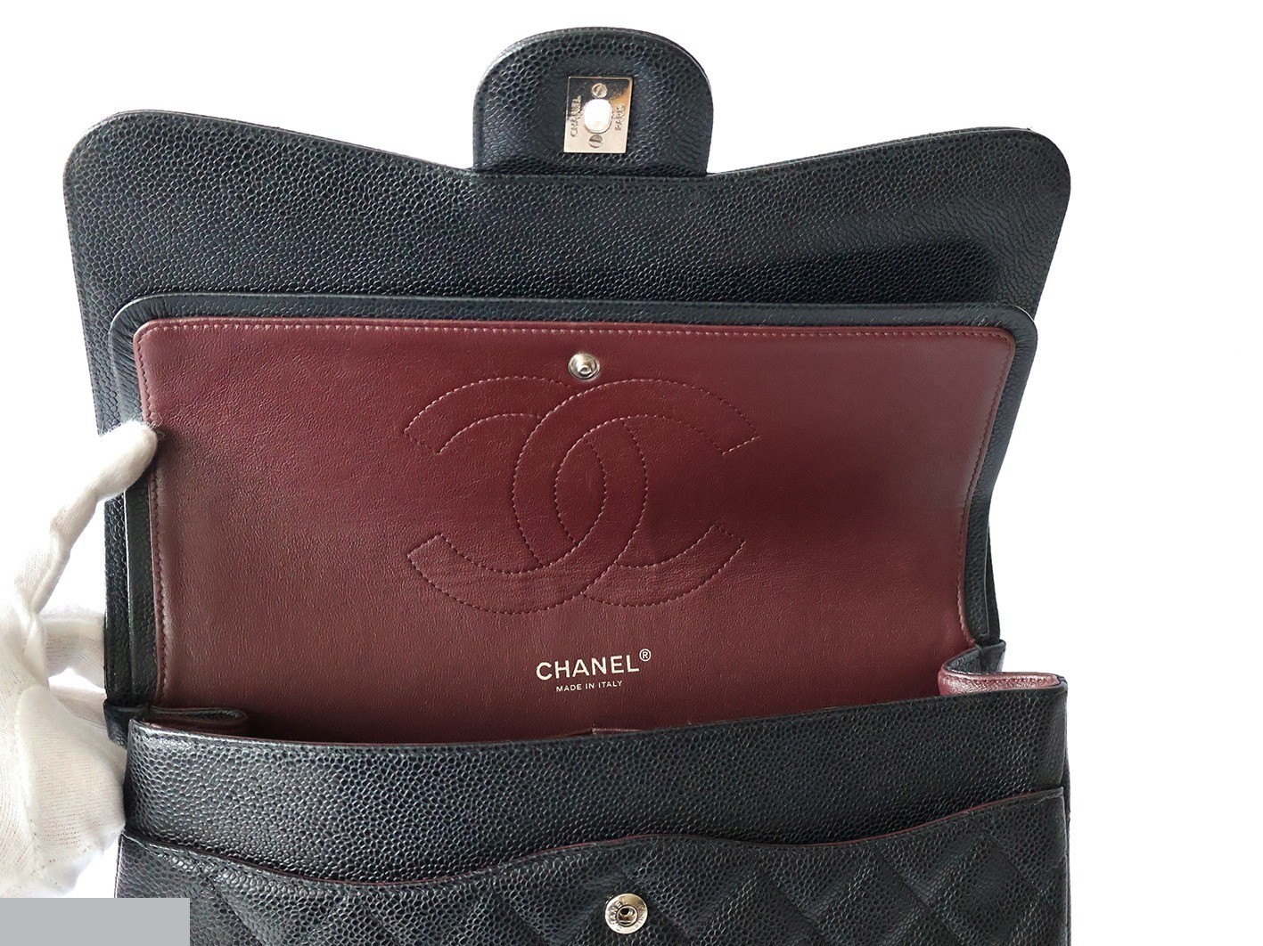 Caviar Skin Large Matelassé 30 Double Flap Double Chain Shoulder Bag, Black — view 11