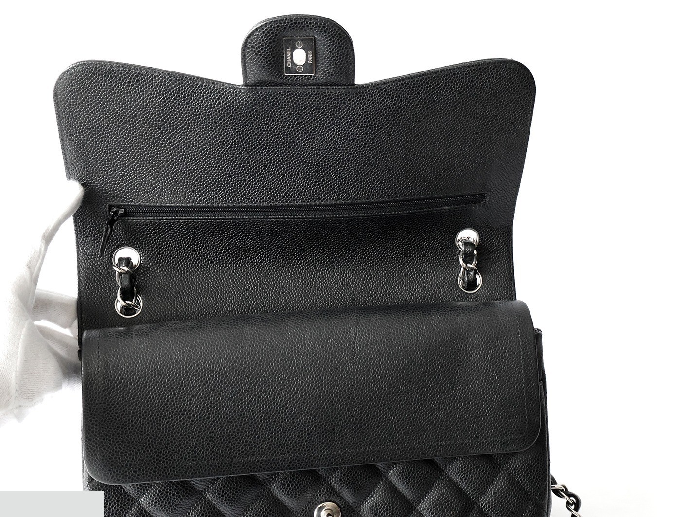 Caviar Skin Large Matelassé 30 Double Flap Double Chain Shoulder Bag, Black — view 10