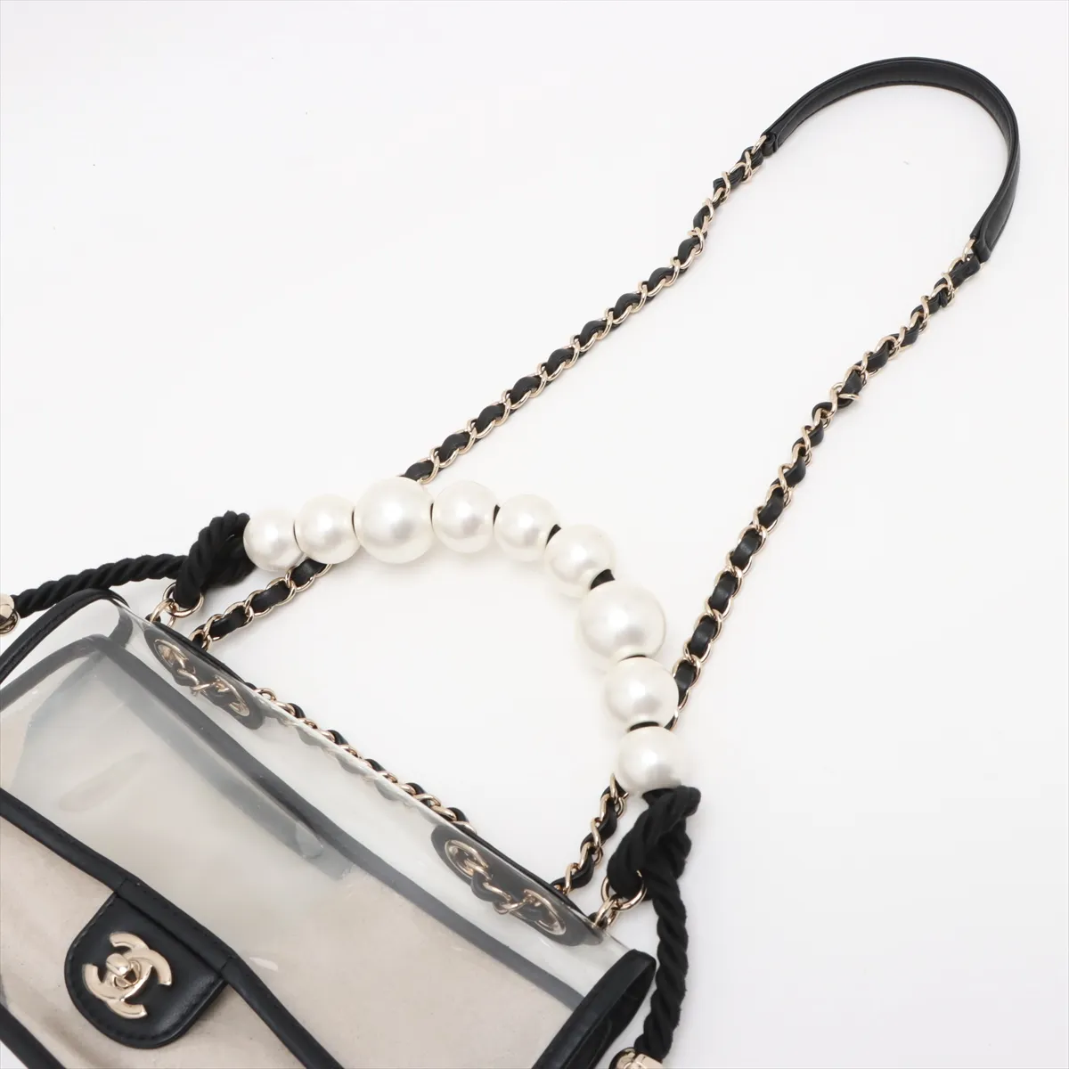 Cocomark Vinyl x Leather Single Flap Double Chain Bag Pearl Clear Gold Hardware 27149646 27th Series — view 5