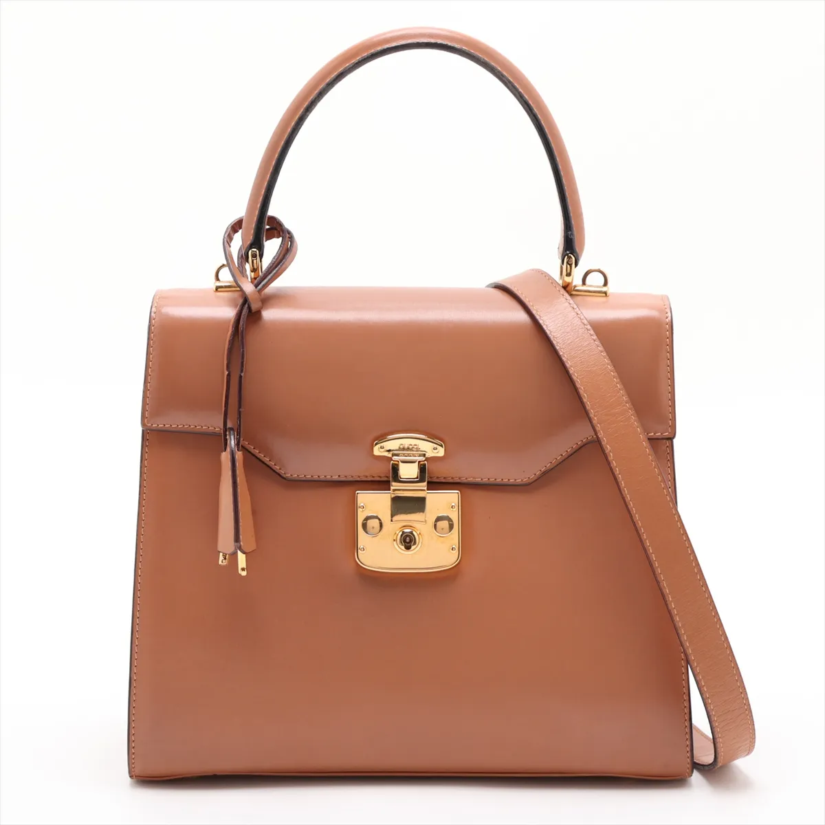 Old Gucci Lady Lock Leather 2-Way Handbag, Brown, with Mirror