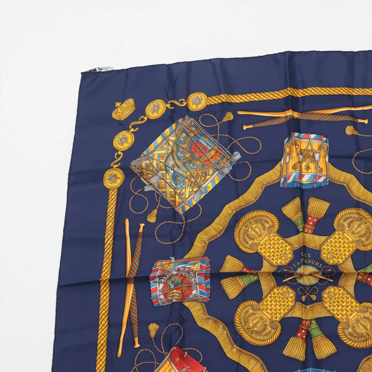 Carre 90 LES TAMBOURS Drum Scarf, Silk, Navy, — view 2